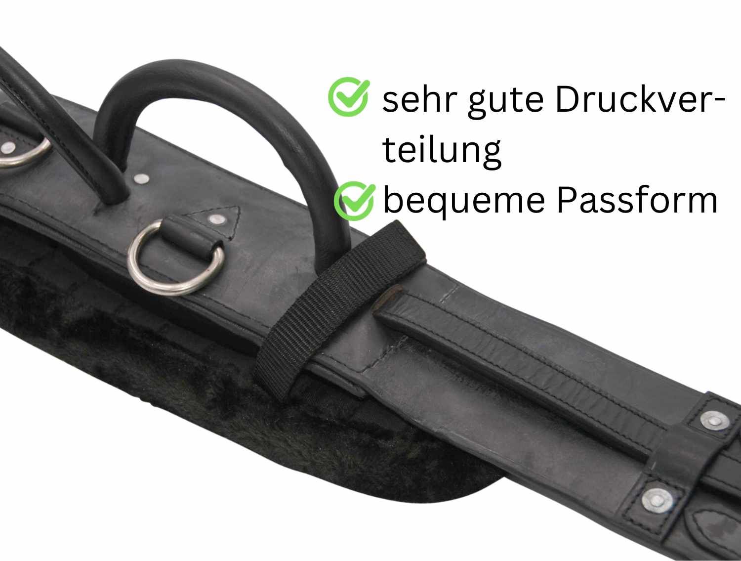Schwarzer Longiergurt mit Griff und Ringen. Text: sehr gute Druckverteilung, bequeme Passform.