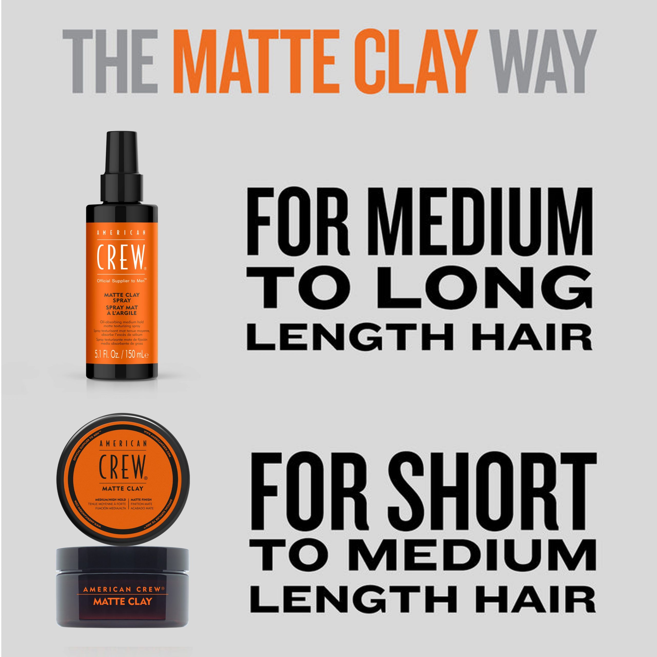 MATTE CLAY SPRAY und Creme. Für mittellanges bis langes Haar. Für kurzes bis mittellanges Haar. Schwarze Verpackung.