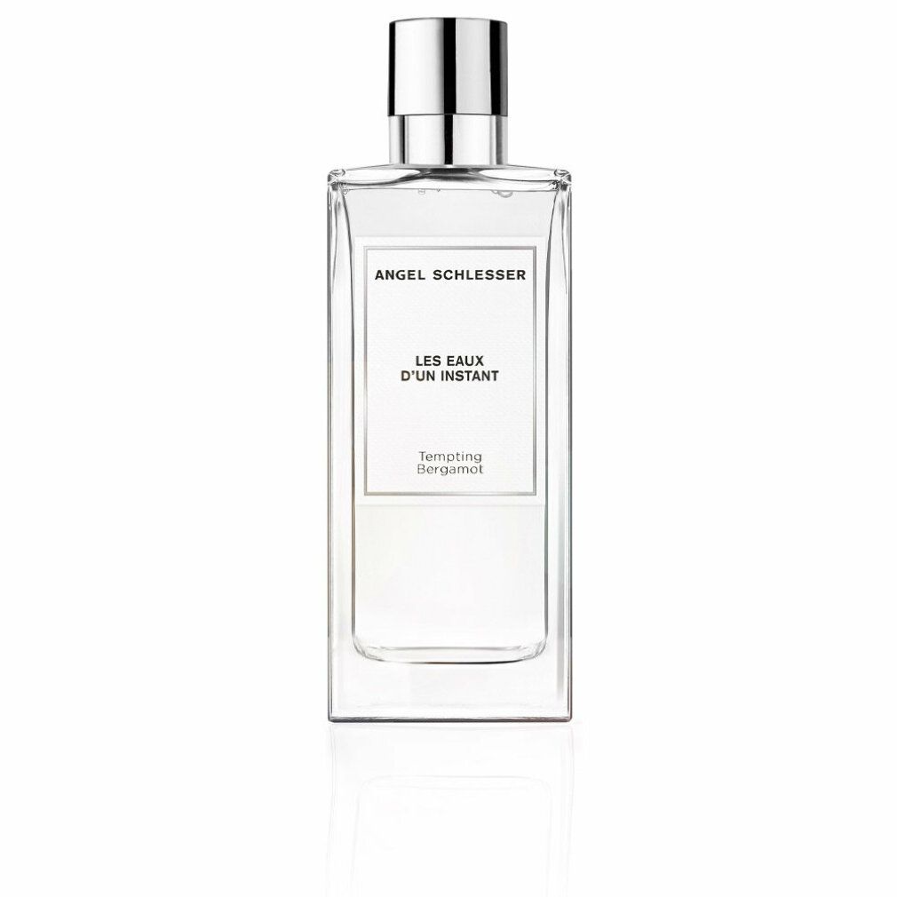Rechteckige Glasflasche mit silbernem Verschluss. Aufschrift: Angel Schlesser, Les Eaux d'Un Instant, Tempting Bergamota.