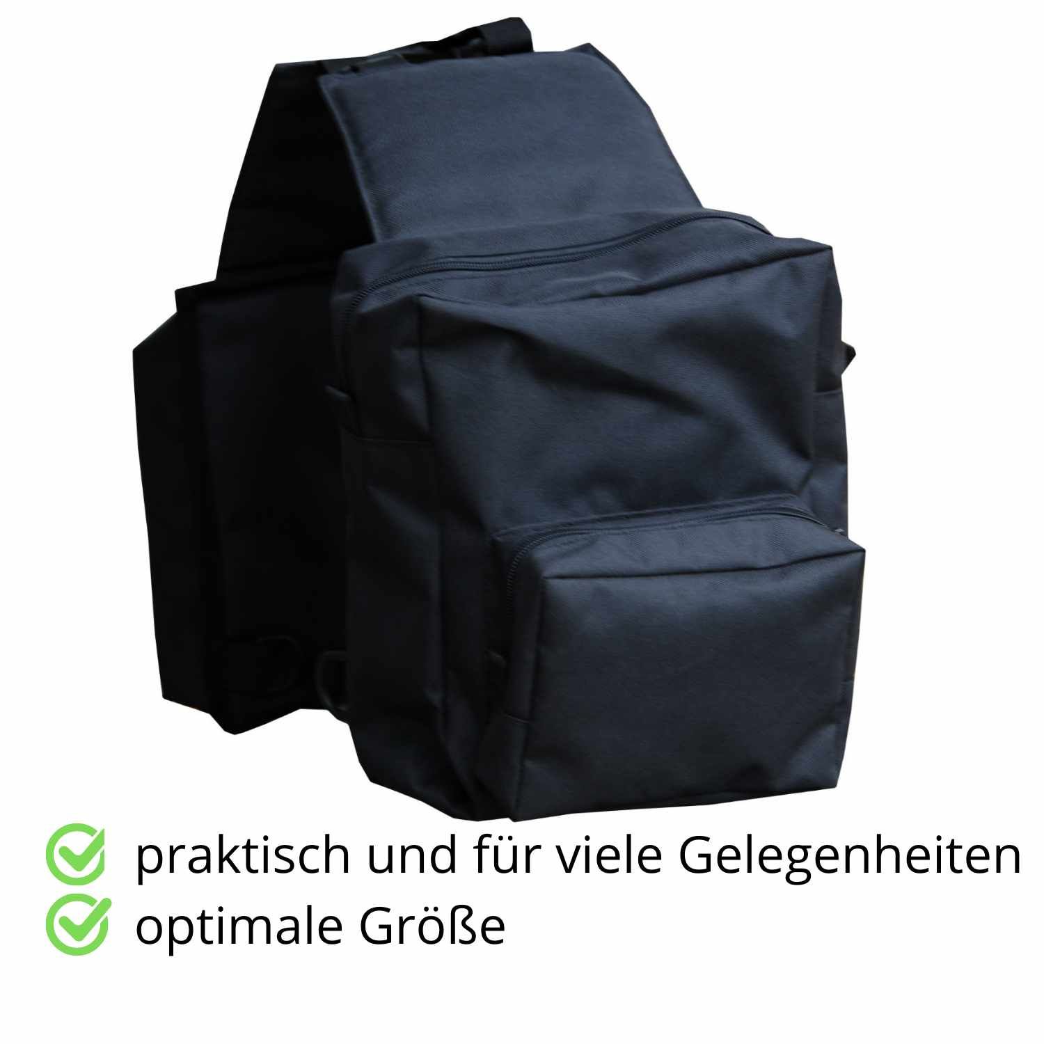 Schwarze Satteltasche mit mehreren Fächern und Taschen. Praktisch und optimal groß.
