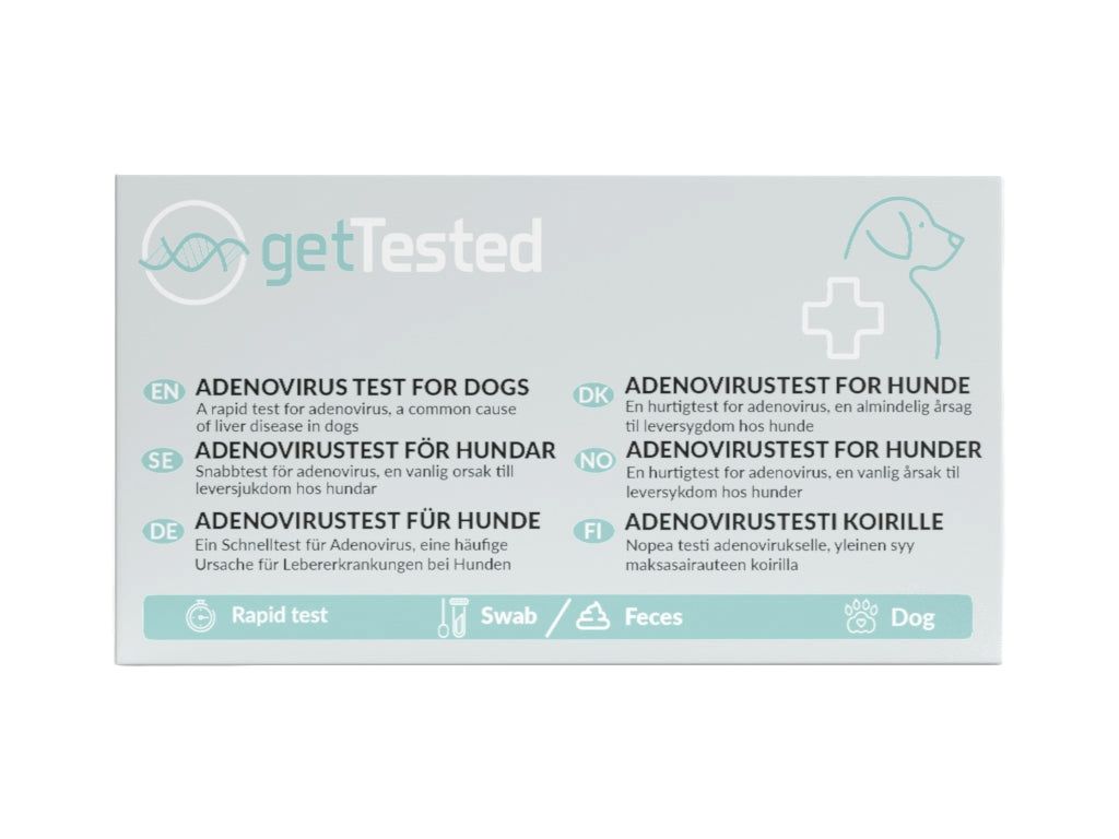 Karton mit Text und Logo 'getTested'. Enthält Informationen zu einem Adenovirus-Test für Hunde in verschiedenen Sprachen.