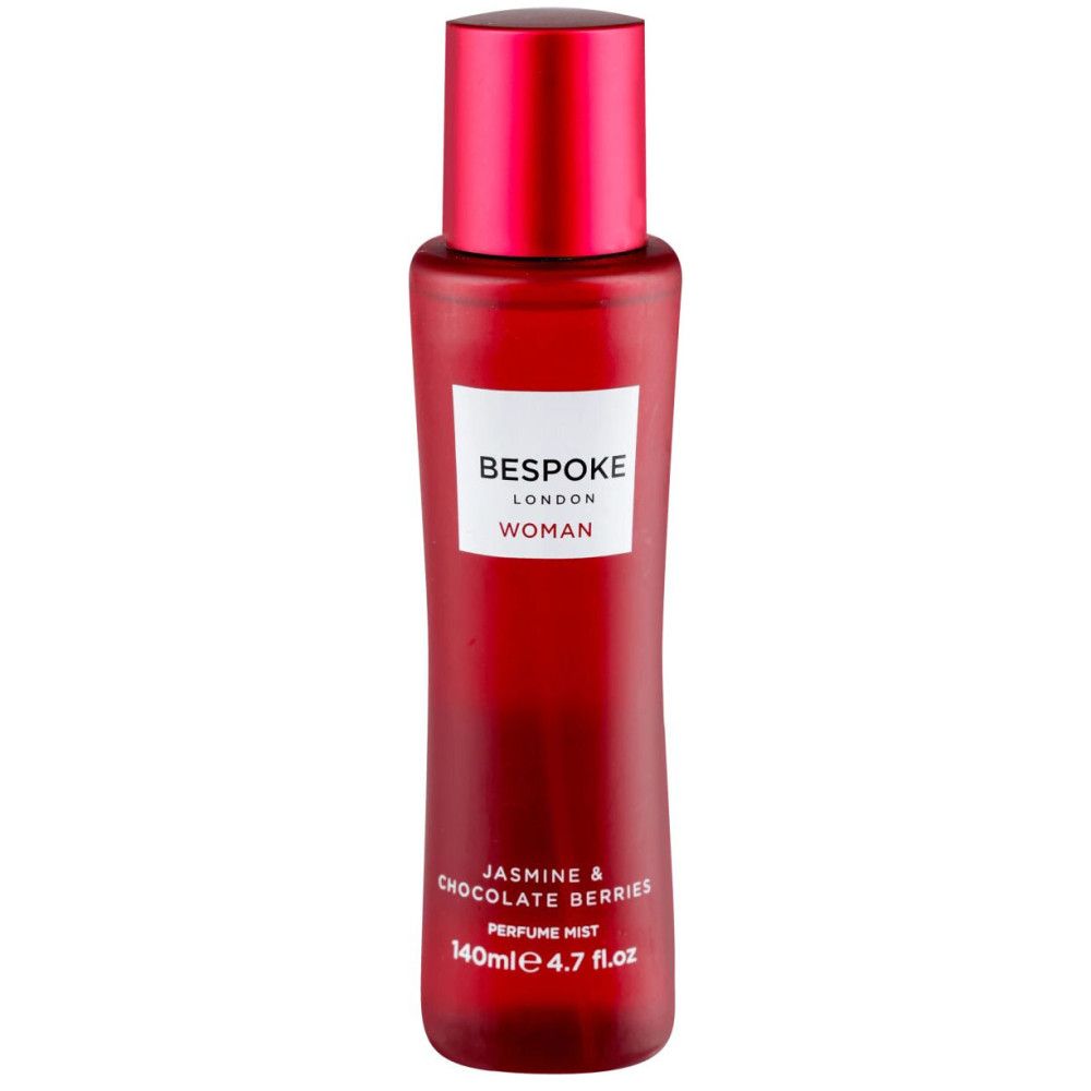 Rote Flasche mit rotem Deckel. Aufschrift: Bespoke London Woman, Jasmin & Schokoladenbeeren, Parfüm-Mist.