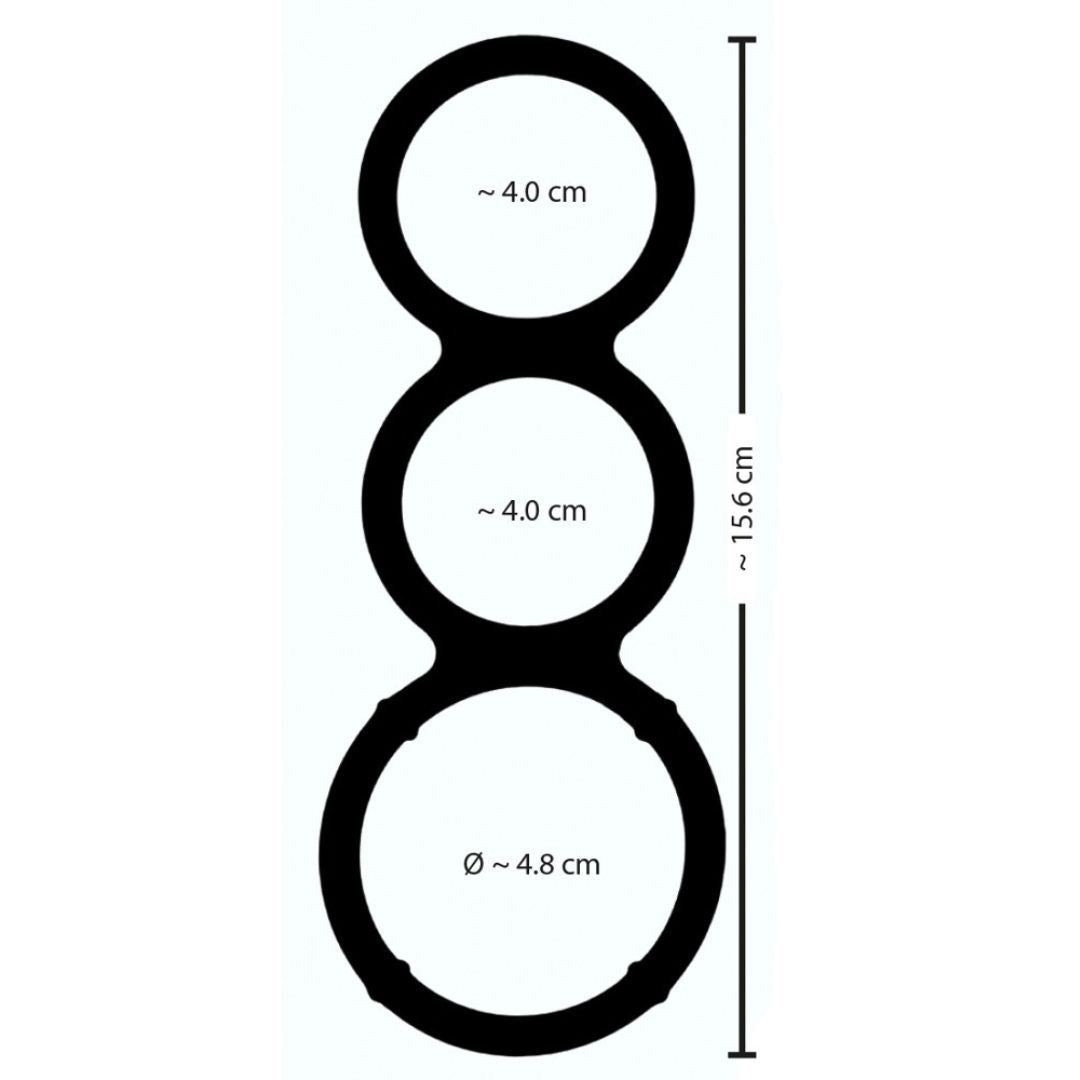 Schwarz-weiß-Diagramm eines silberfarbenen Rings mit drei Öffnungen. Maße in cm.