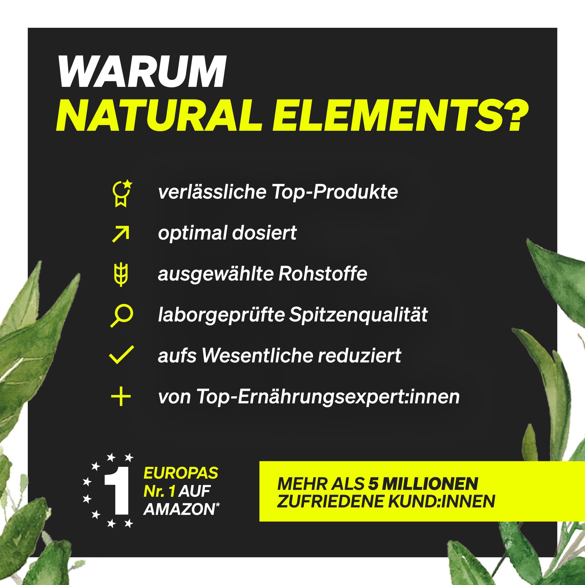 Werbebild mit Text: "Warum NATURAL ELEMENTS?". Listet Vorteile wie Top-Produkte, optimale Dosierung, laborgeprüfte Qualität und Kundenzufriedenheit.