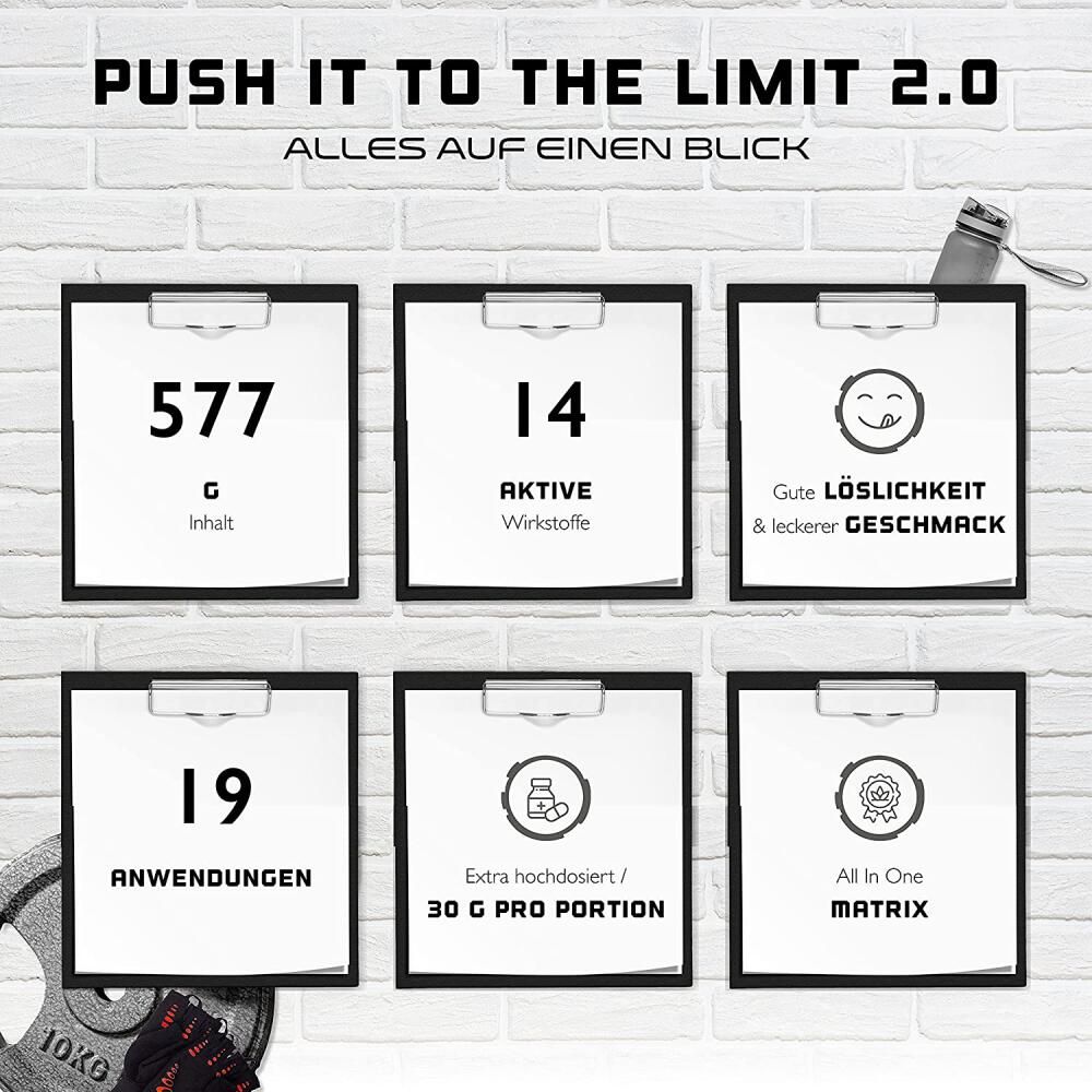 Infografik zu GEN Push It to the Limit 2.0. Enthält Informationen zu Inhalten, Wirkstoffen, Geschmack, Anwendungen und Matrix.