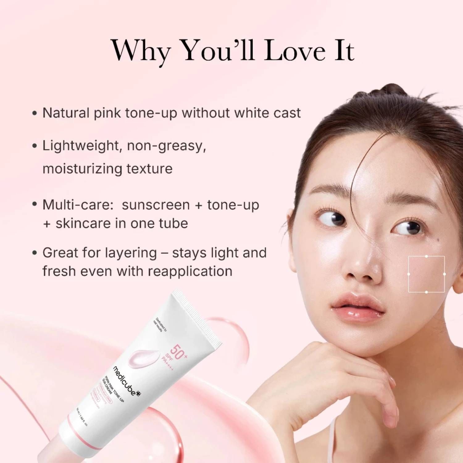Frau mit Hautpflege. Text: Why You'll Love It. Rosa Hintergrund. Creme-Tube.