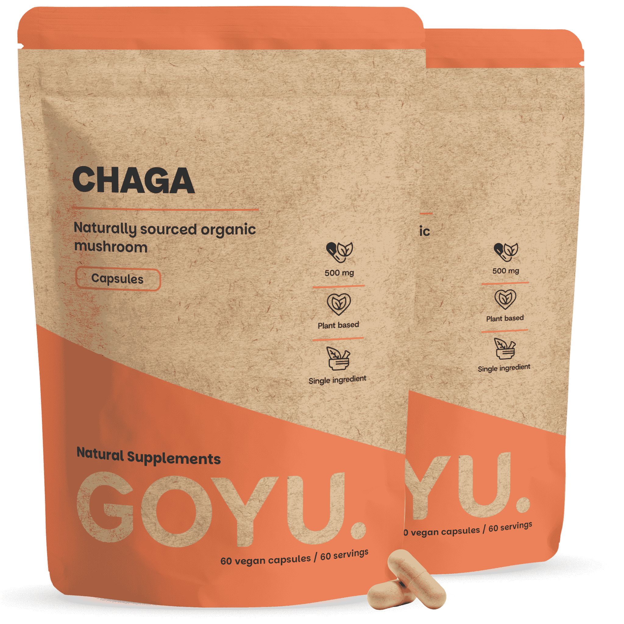 Zwei Packungen GOYU.YU. Chaga Kapseln, 60 vegane Kapseln pro Packung.