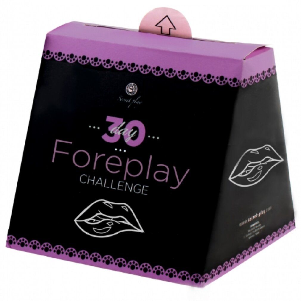 Schwarze, trapezförmige Schachtel mit '30 Foreplay Challenge' Aufdruck. Lila Deckel mit Spitze. Lippen-Illustrationen.