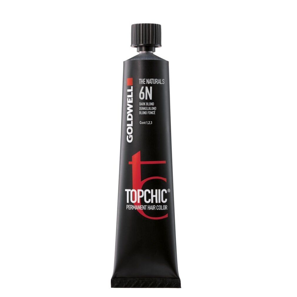 Goldwell Topchic Haarfarbe Tube. Schwarz mit Produktinformationen. "6N" und "dunkelblond" sind sichtbar.