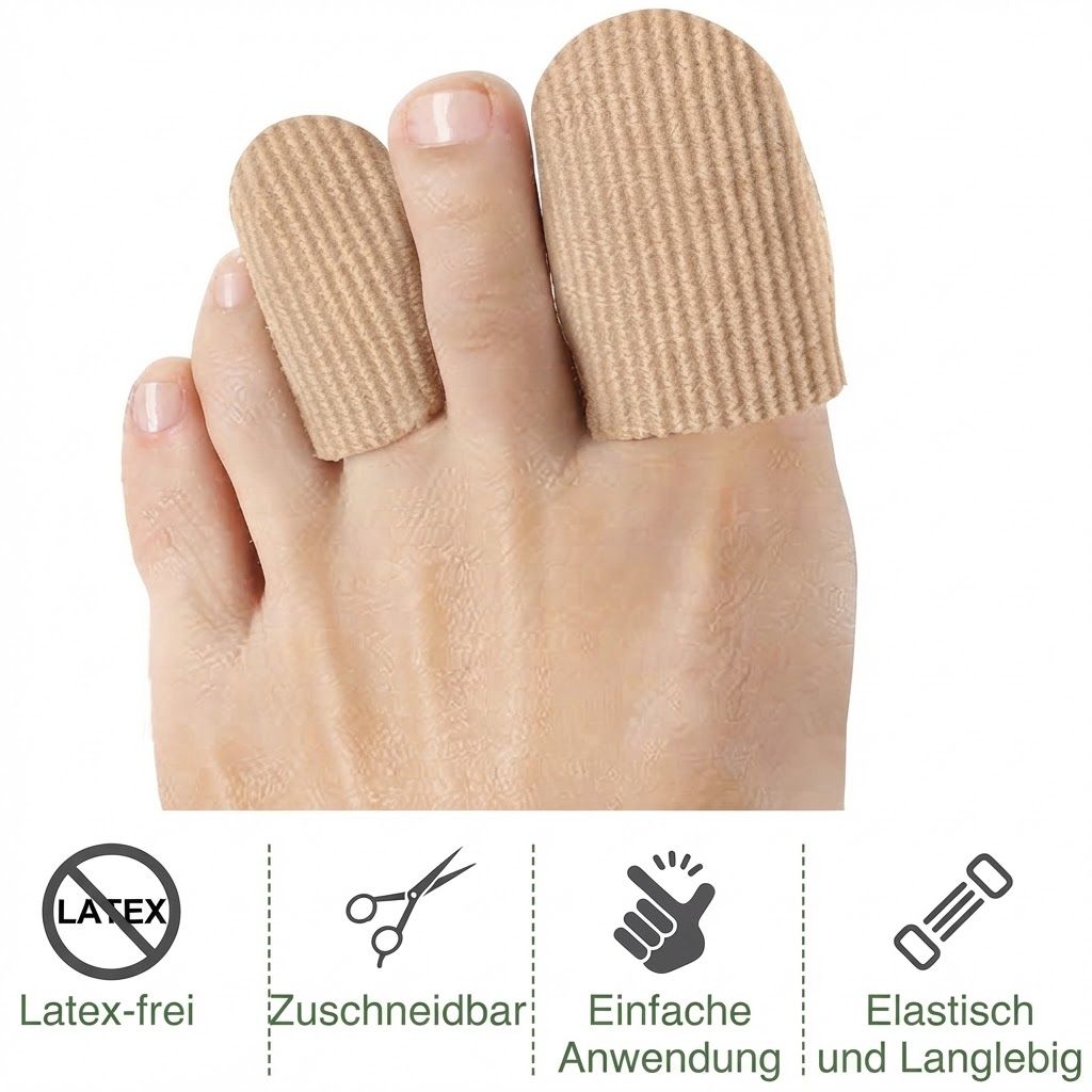 Zwei beige Zehenschützer aus Stoff mit gerippter Textur.