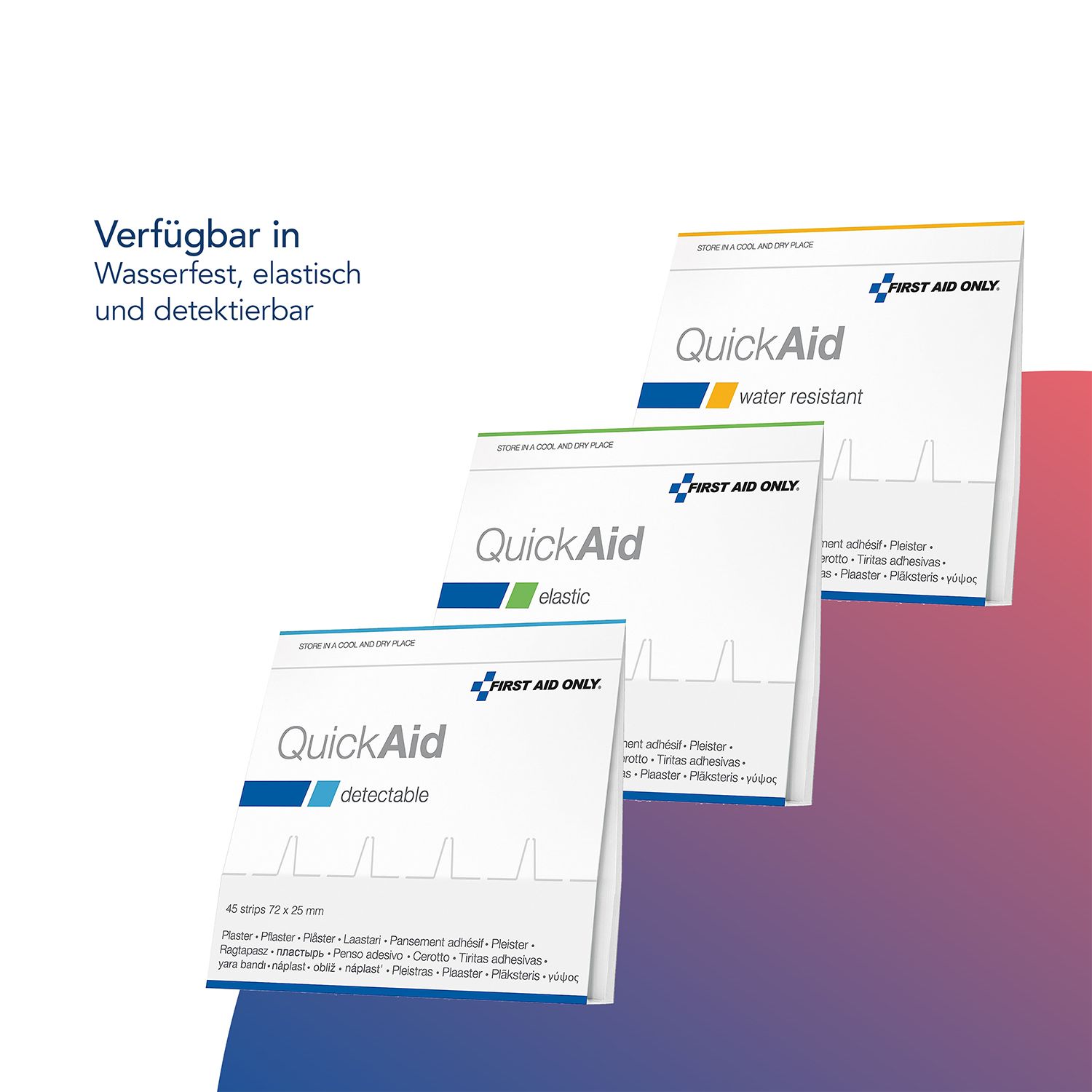 Drei QuickAid Pflasterpackungen. Wasserfest, elastisch und detektierbar. Verpackungen mit Produktnamen und Logo. Blaue, grüne und weiße Akzente.