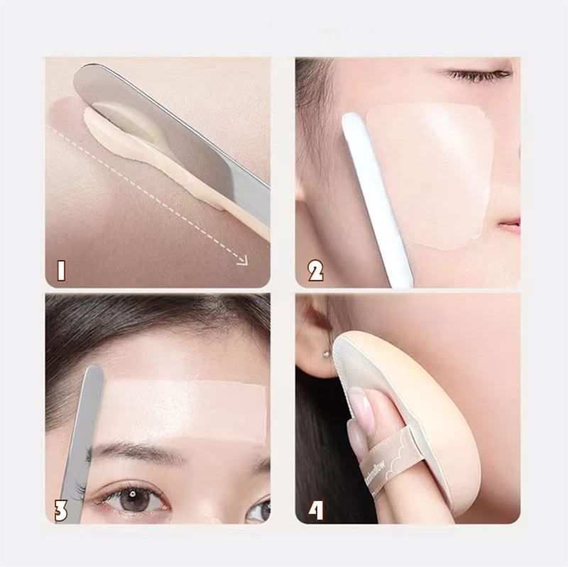 Vier Bilder zeigen die Anwendung eines Make-up-Spachtel-Mixers. Der Mixer wird auf der Haut verwendet, zusammen mit einem Schwamm.