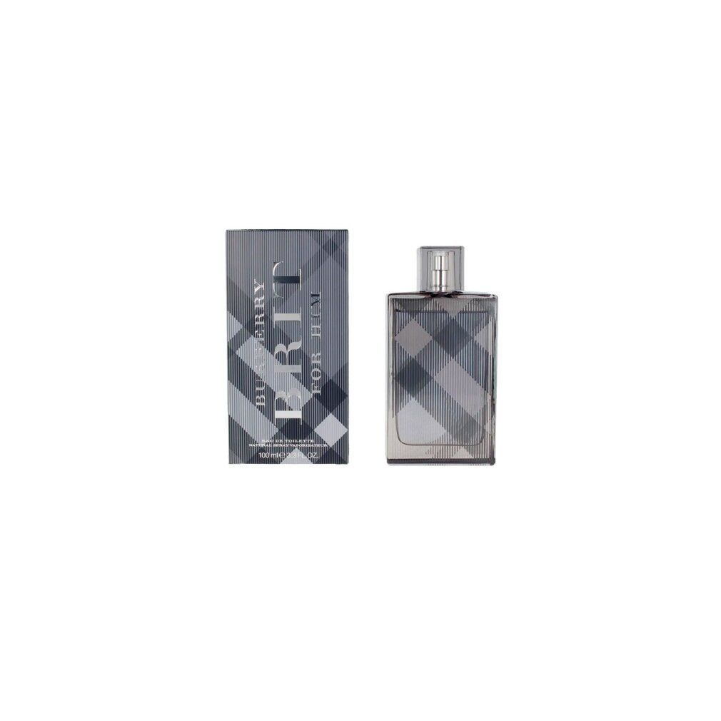 Burberry Brit for Him Eau de Toilette Spray. Flakon und Verpackung mit Karomuster. Silberner Sprühkopf. Aufschrift: Brit for Him.