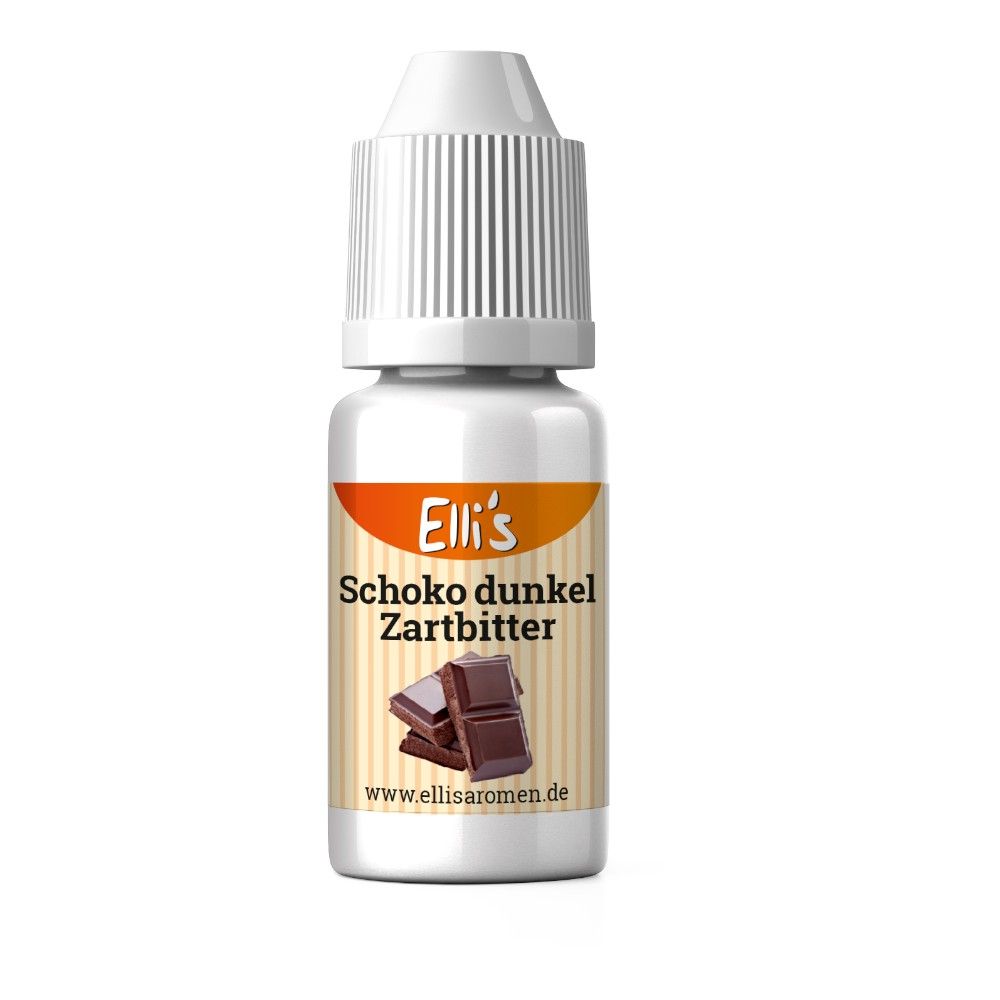 Fläschchen mit Etikett. Aufschrift: Elli's Schoko dunkel Zartbitter. Abbildung von Schokoladenstücken.
