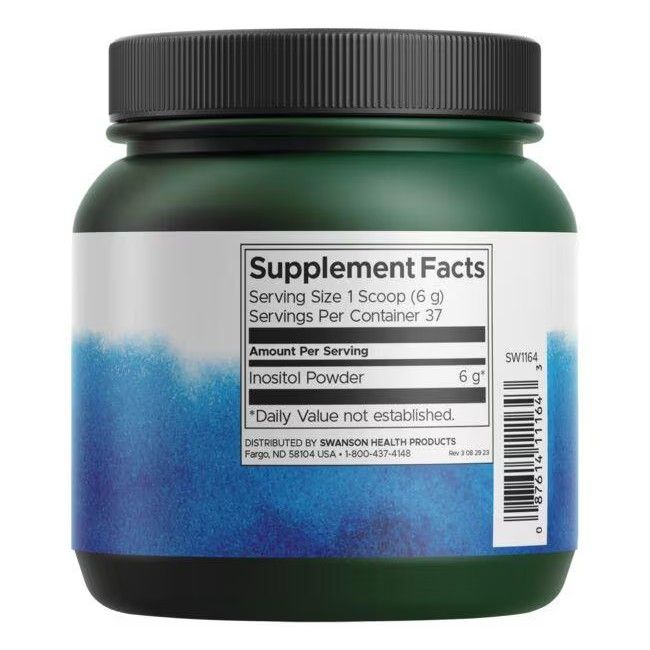Rückseite des grünen Supplement-Behälters. Enthält Nährwertangaben für Inositol Powder. Schwarzer Deckel, blaues und weißes Etikett.