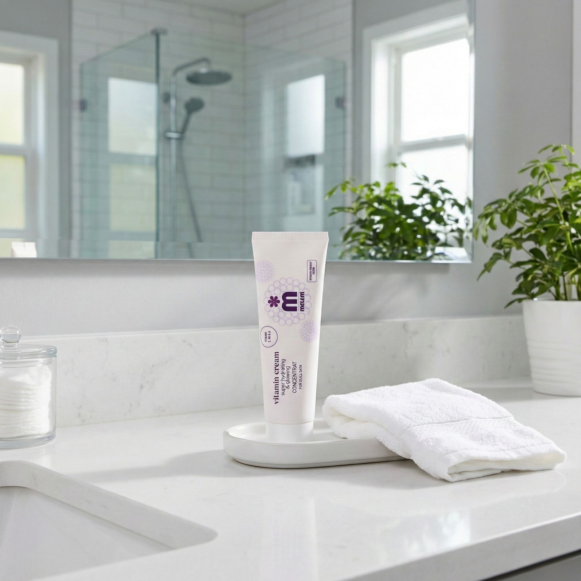 Creme-Tube auf einer weißen Ablage in einem Badezimmer. Produktname und Logo sichtbar. Text: Vitamin Cream, super hydrating & glowing.