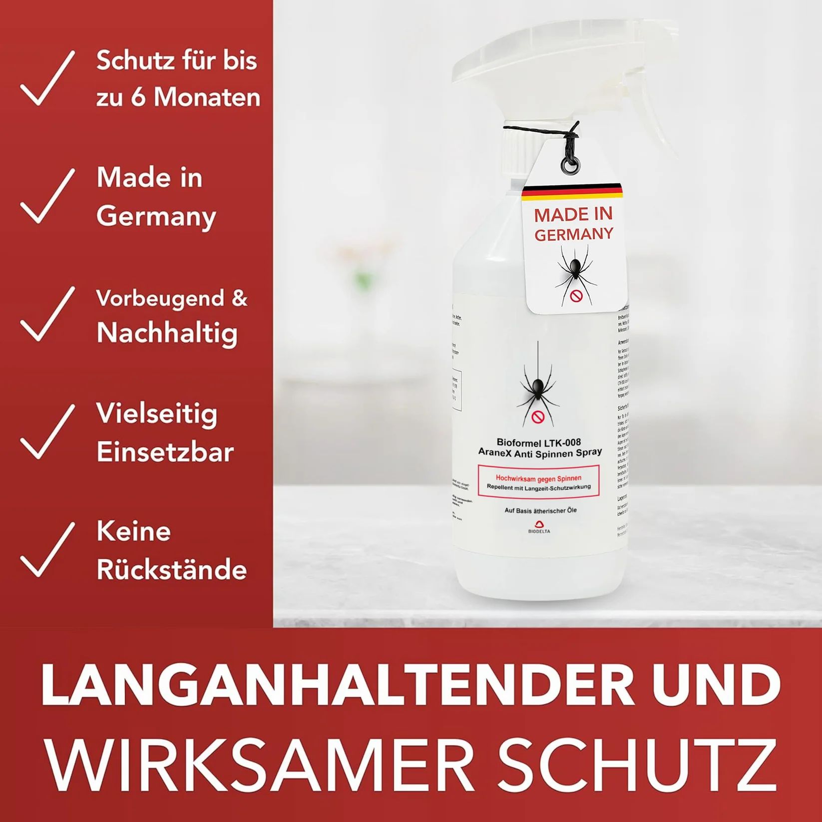 Weiße Sprühflasche mit Etikett. Etikett mit Spinnen-Symbol und "MADE IN GERMANY". Text: "Bioformel LTK-008 AraneX Anti Spinnen Spray".