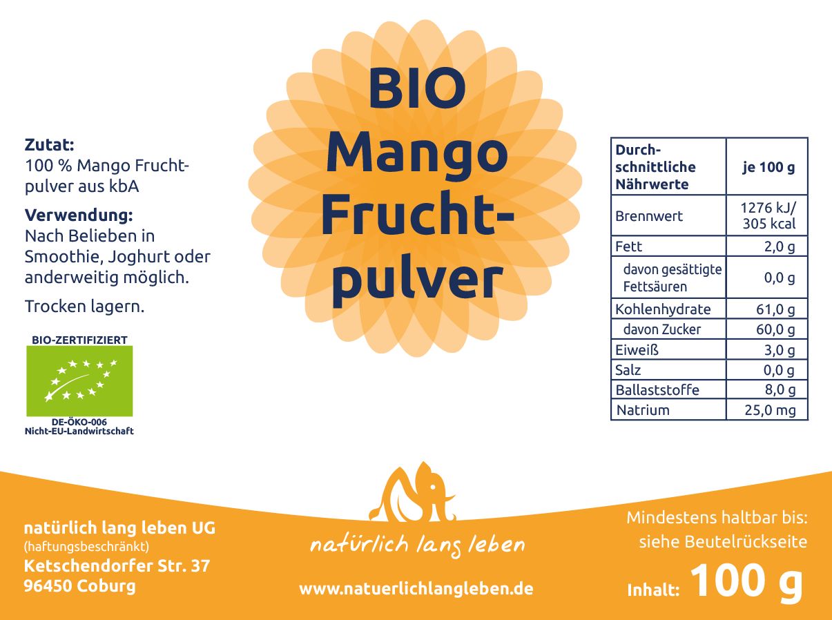 Etikett mit Produktinformationen. BIO Mango Fruchtpulver, Nährwerttabelle, Zutatenliste, Bio-Zertifizierung, und Markenlogo.