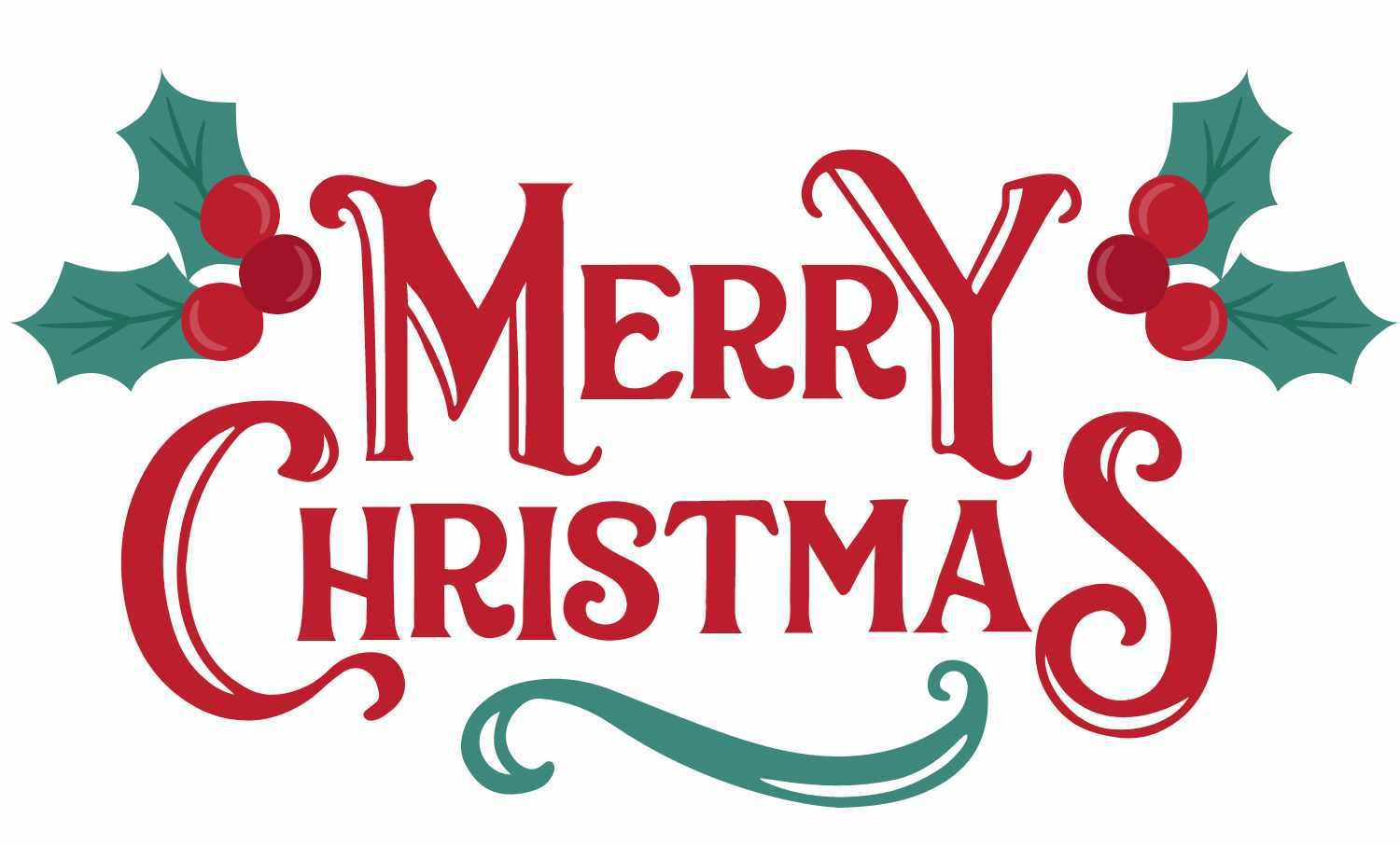 Schriftzug „Merry Christmas“ in Rot mit grünen Verzierungen und Stechpalmen-Illustrationen.