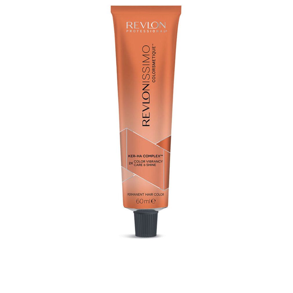 Haarfarbe Revlonissimo Colorsmetique. Tube in Orange. Text: Ker-Ha Complex, Color Vibrancy, Care & Shine. 60ml. Permanent Hair Colors.