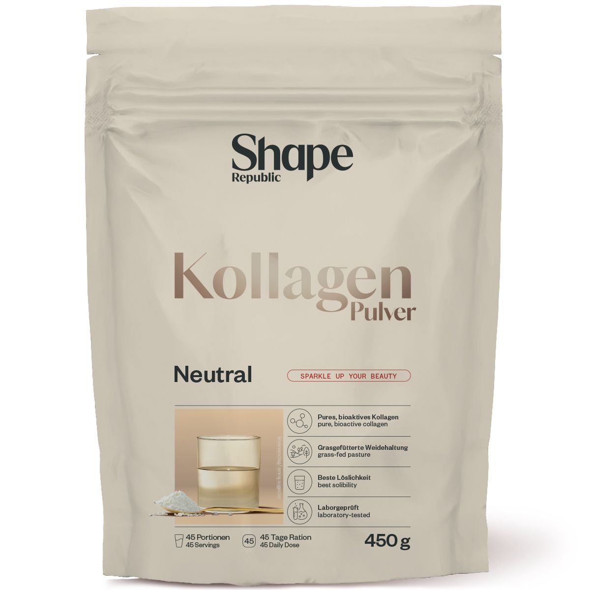 Beutel mit Shape Republic Kollagen Pulver. Text: Neutral, 450g, Sparkle up your beauty. Mit Logos und Informationen.