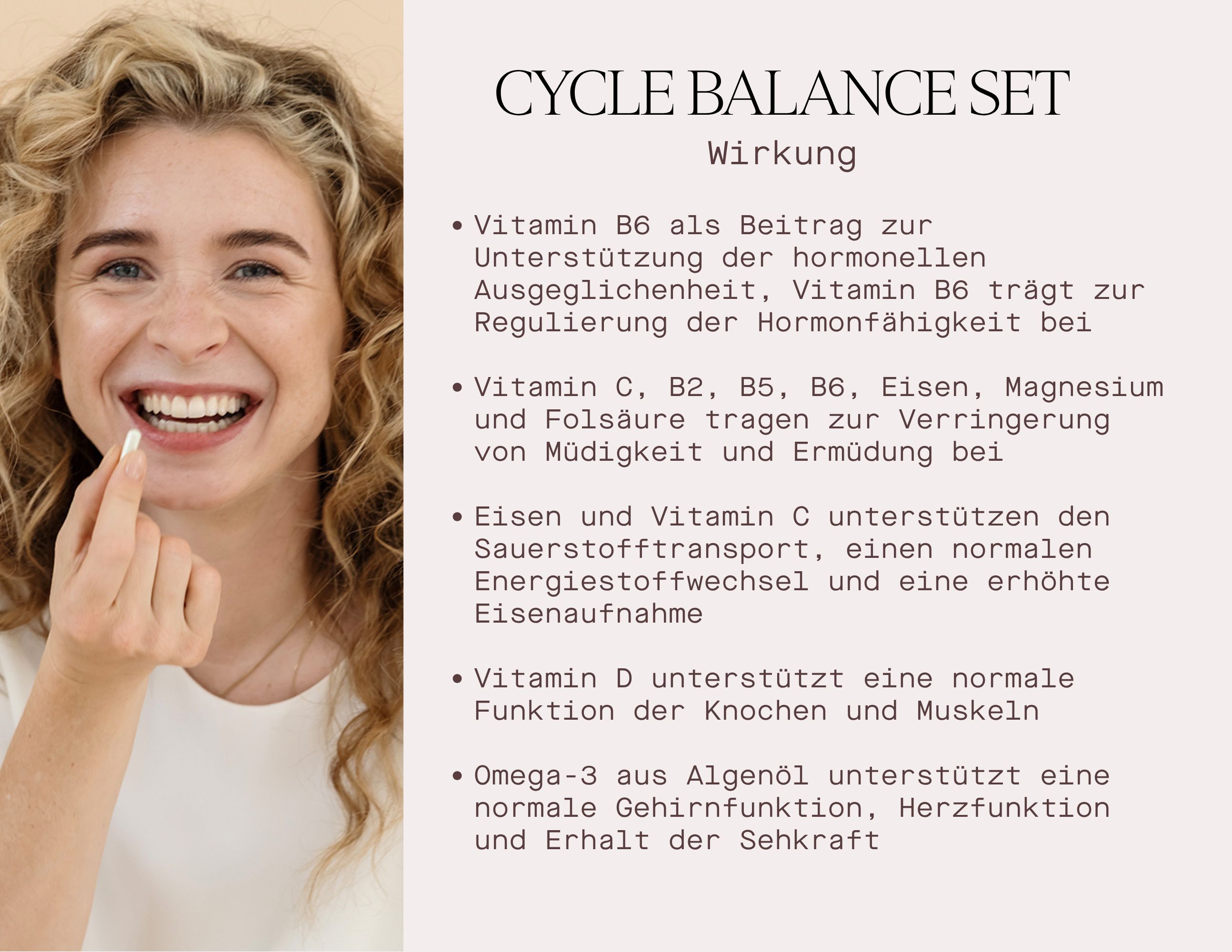 Infografik. Wirkung des Cycle Balance Sets. Text. Frau lächelt. Nimmt Kapsel.