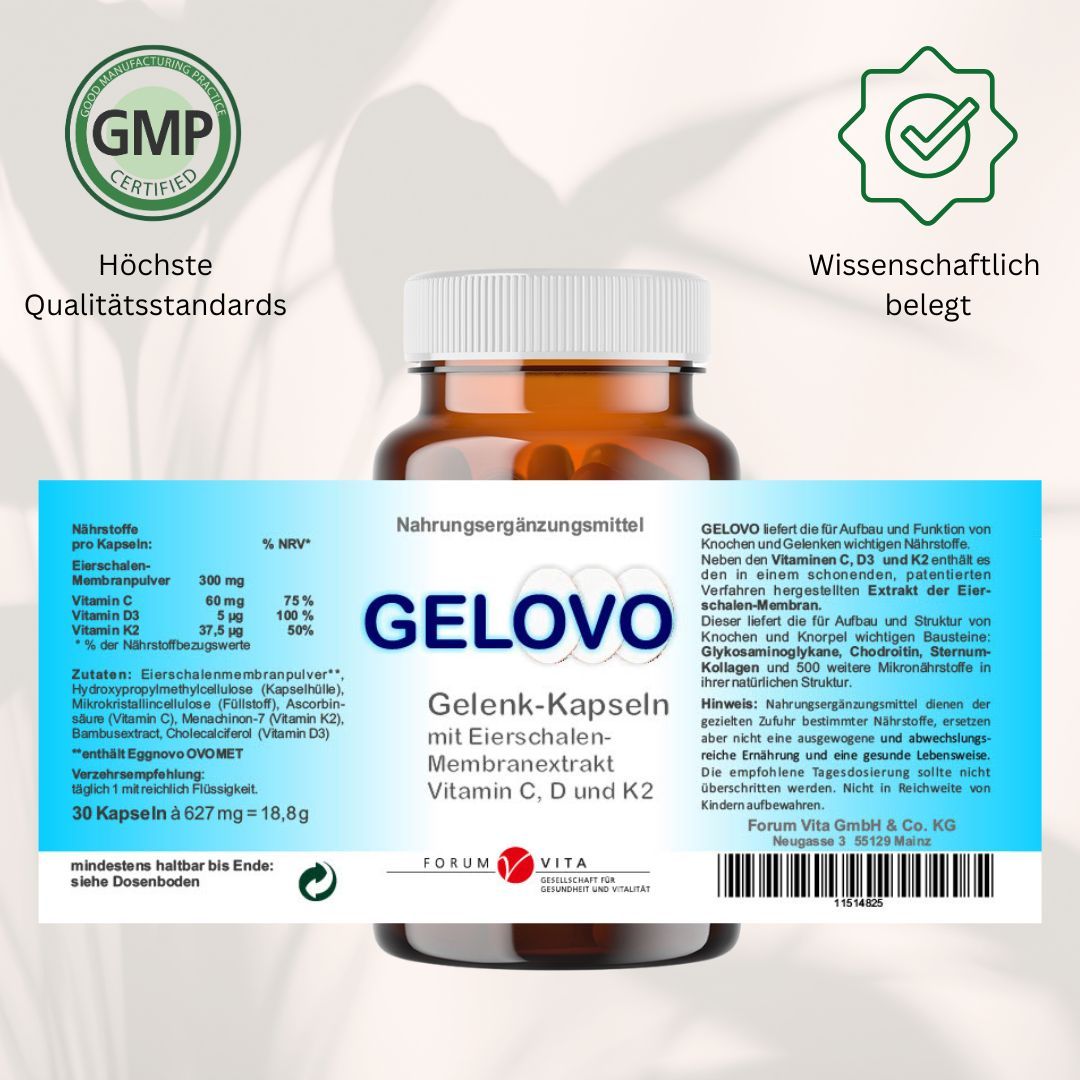 GELOVO Gelenk-Kapseln Flasche mit Etikett. Text: GELOVO, Gelenk-Kapseln, Vitamin C, D und K2. Inhaltsstoffe und Nährwertangaben. GMP-Zertifizierung und wissenschaftlich belegt.
