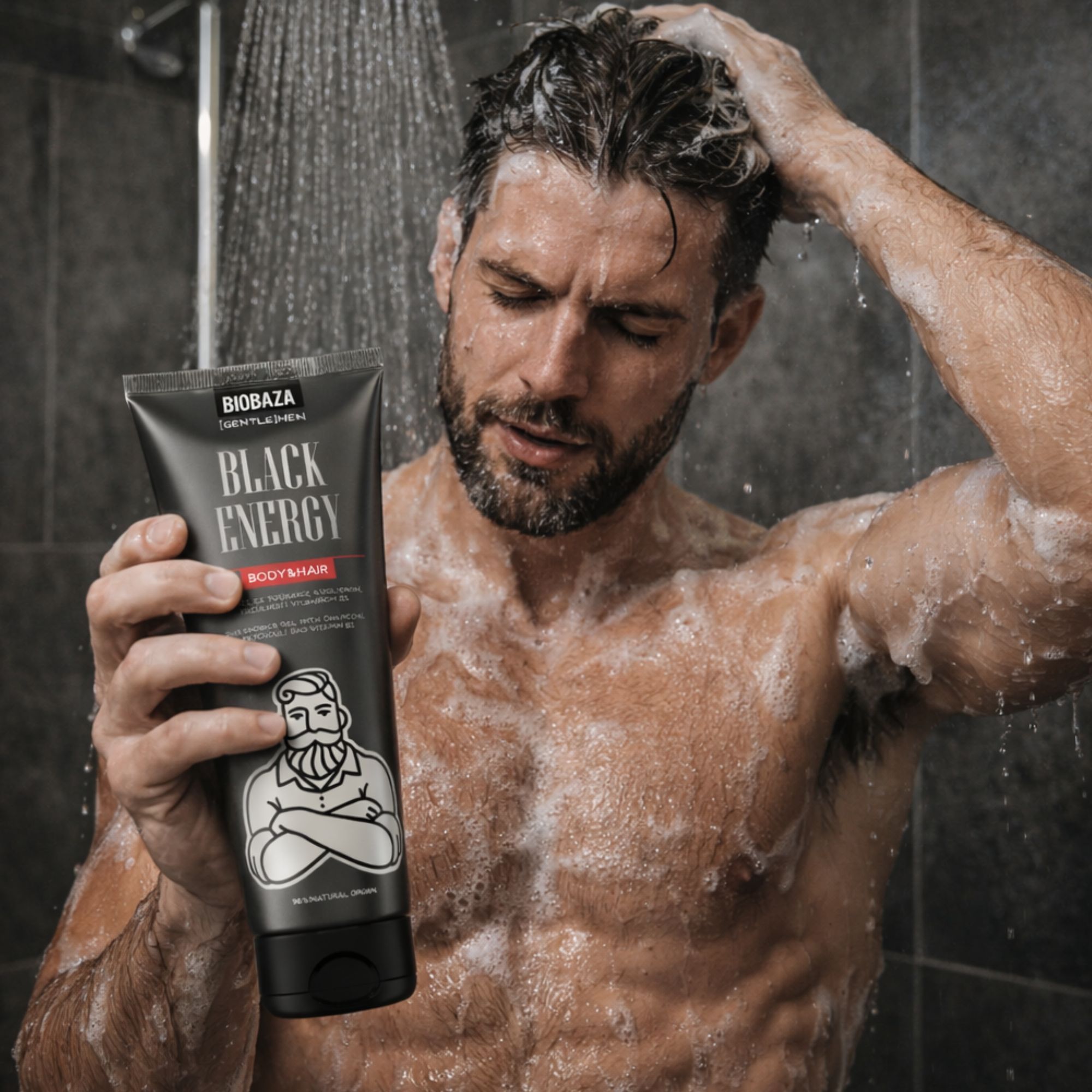 Mann unter der Dusche, hält eine schwarze Tube mit "BLACK ENERGY"-Aufdruck. Schaum auf dem Kopf.