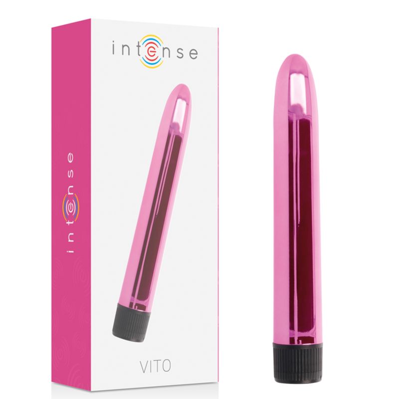 Rosa Vibrator neben Verpackung. Verpackung mit Produktabbildung und Schriftzug 'intense' und 'VITO'.