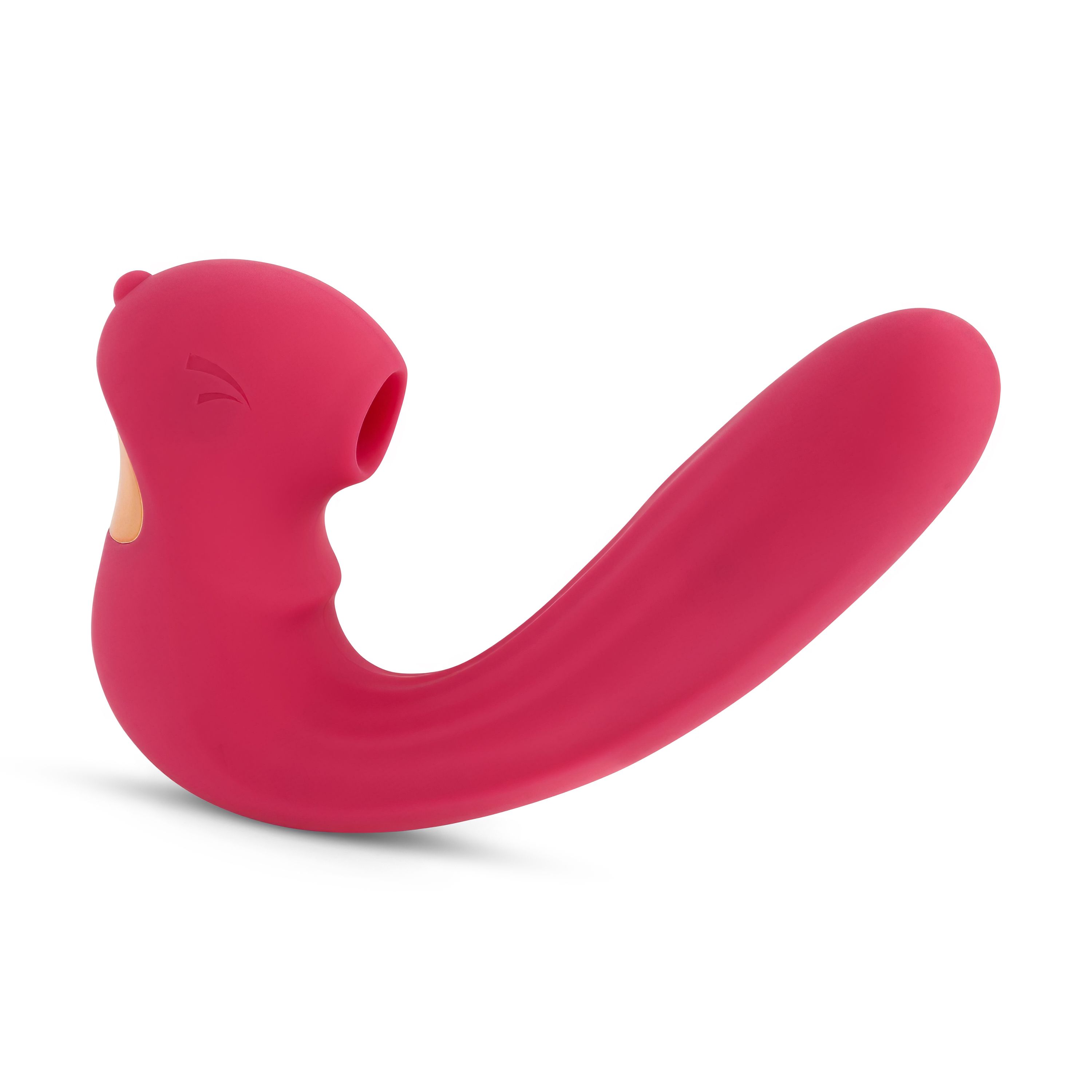 Rosa Vibrator mit gebogener Form und goldfarbenem Akzent. Sichtbare Öffnung an der Spitze.