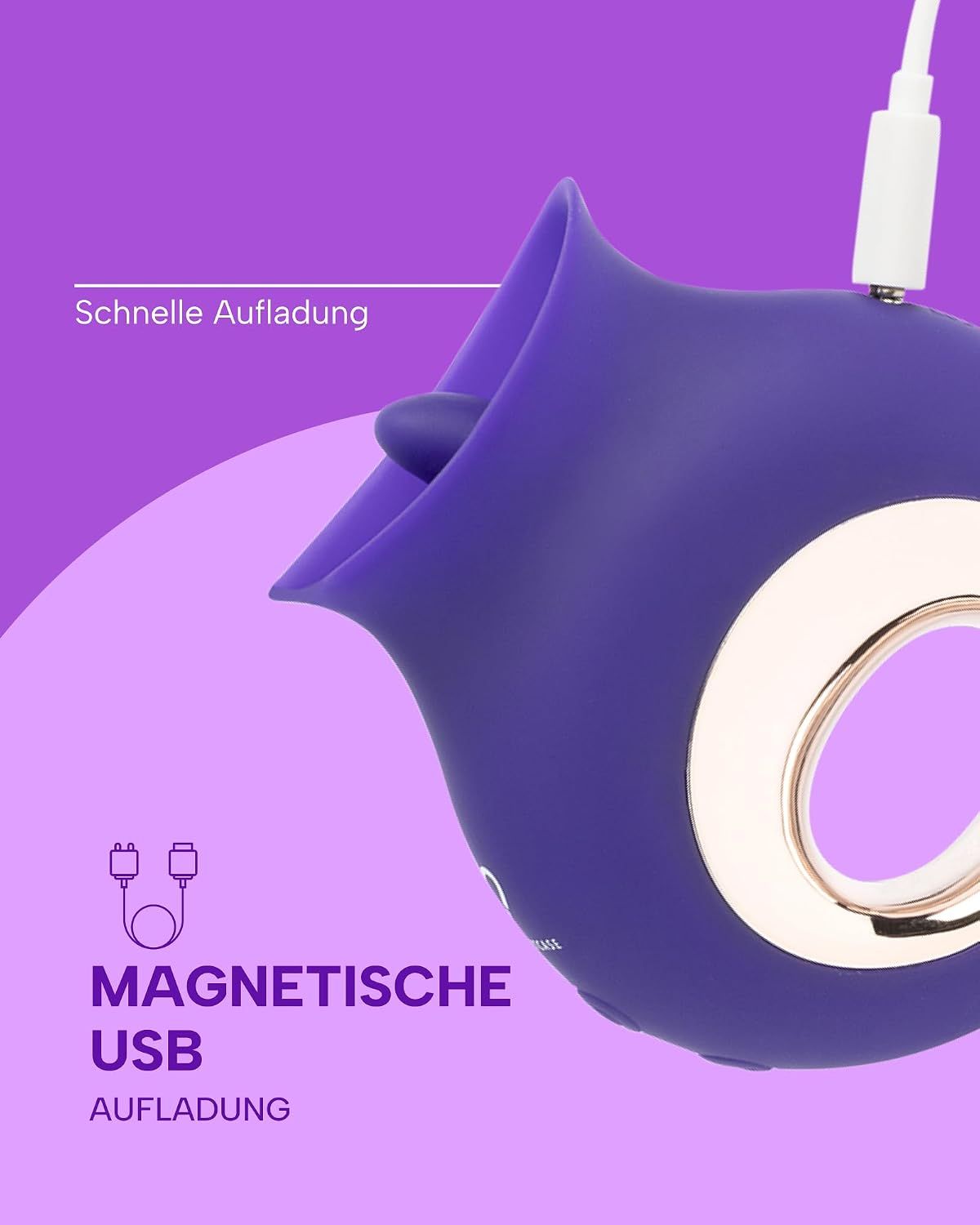 Lila Vibrator mit magnetischem USB-Ladeanschluss und Ladeanzeige.