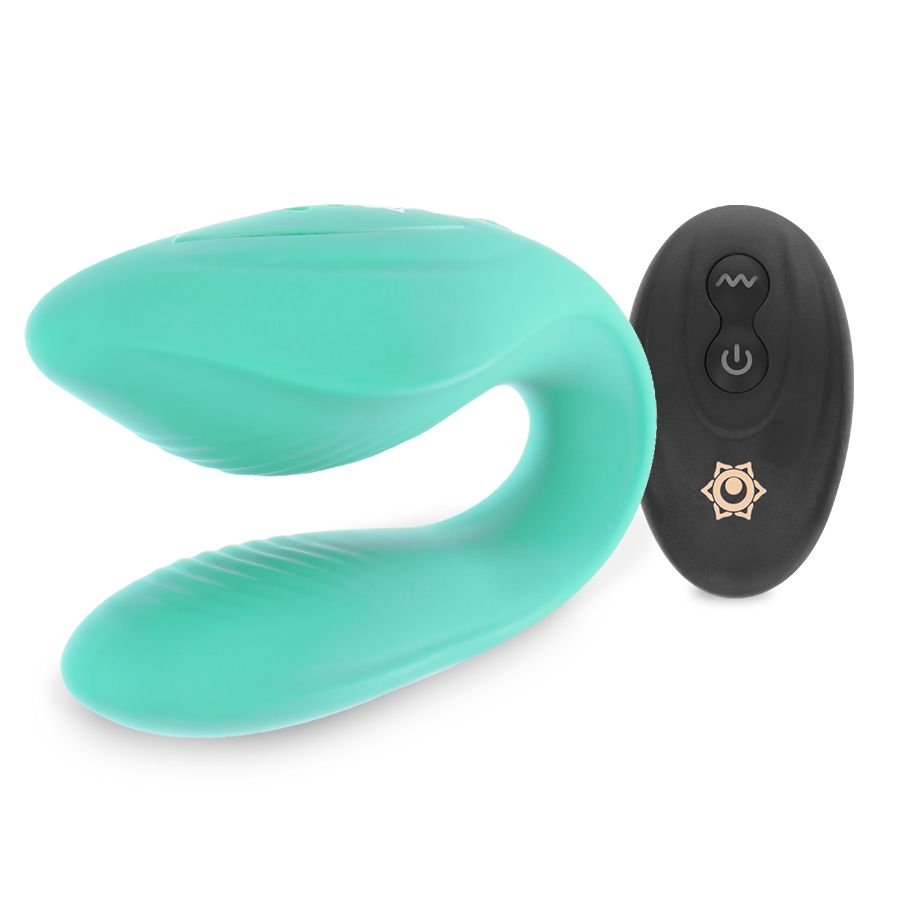 Türkisfarbener Vibrator mit Fernbedienung. Die Fernbedienung ist schwarz.