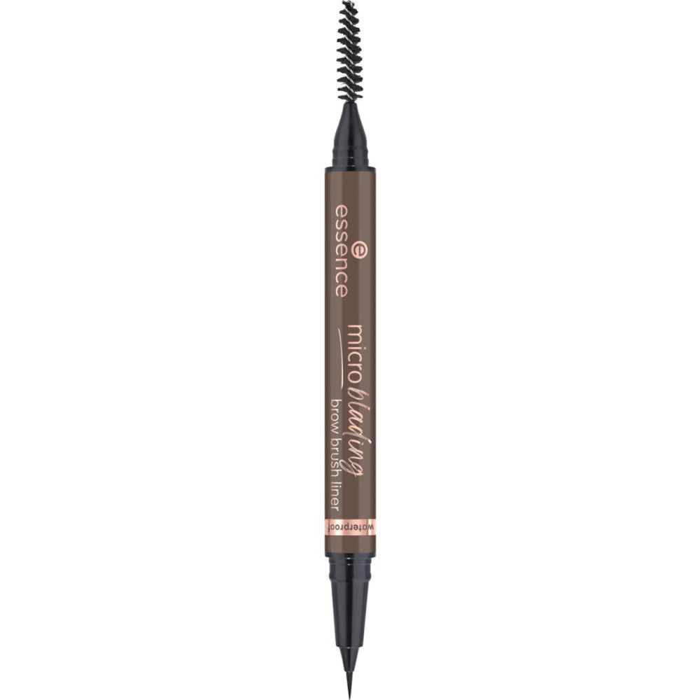 Doppel-Brauenstift mit Bürste und Spitze. Dunkelbrauner Stift mit Schriftzug. Aufschrift: Microblading brow brush liner.