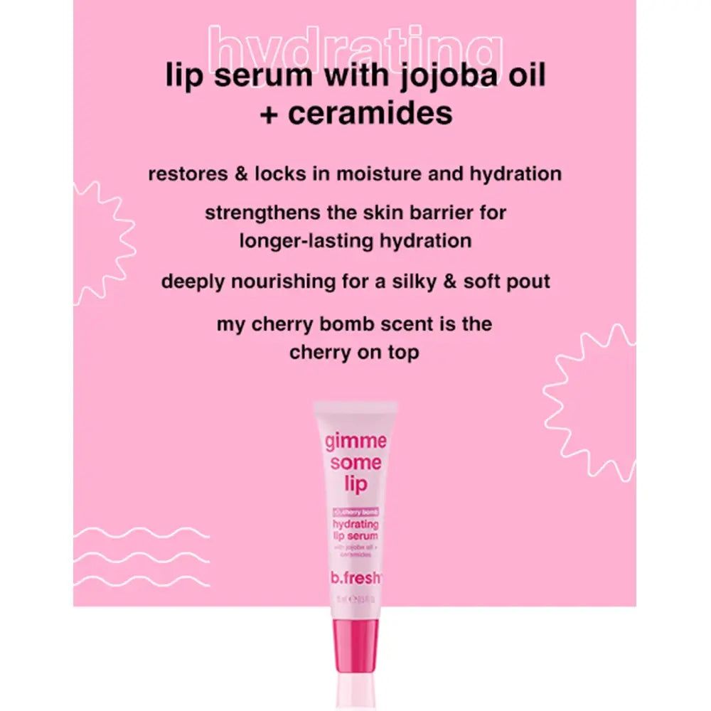 Rosa Hintergrund mit Text. Kleines Bild: Tube mit Aufschrift gimme some lip, hydrating lip serum, b.fresh. Text über Vorteile.