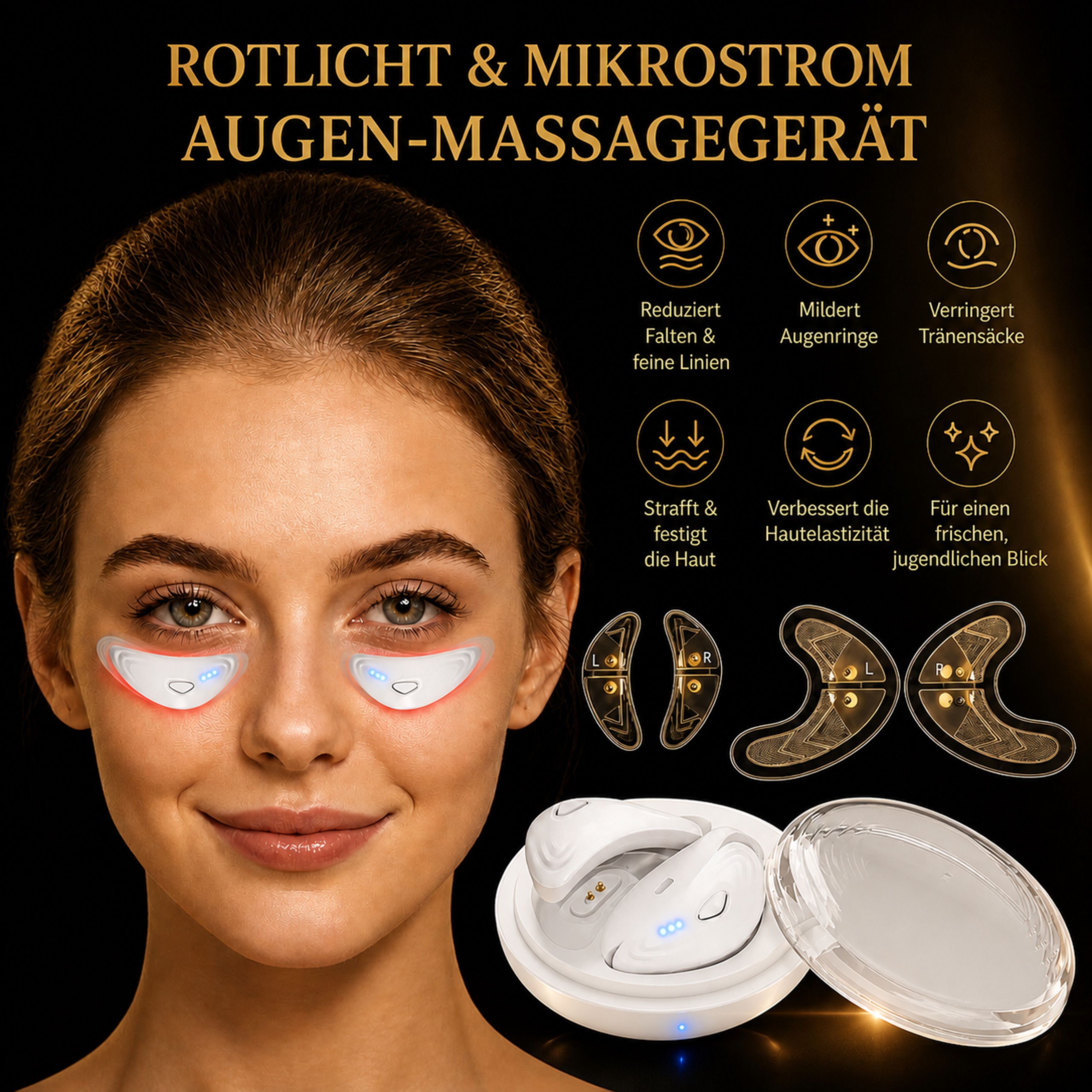 Frau mit Augenmassagegerät, Gelpads und Ladecase. Zeigt Vorteile wie Faltenreduktion.