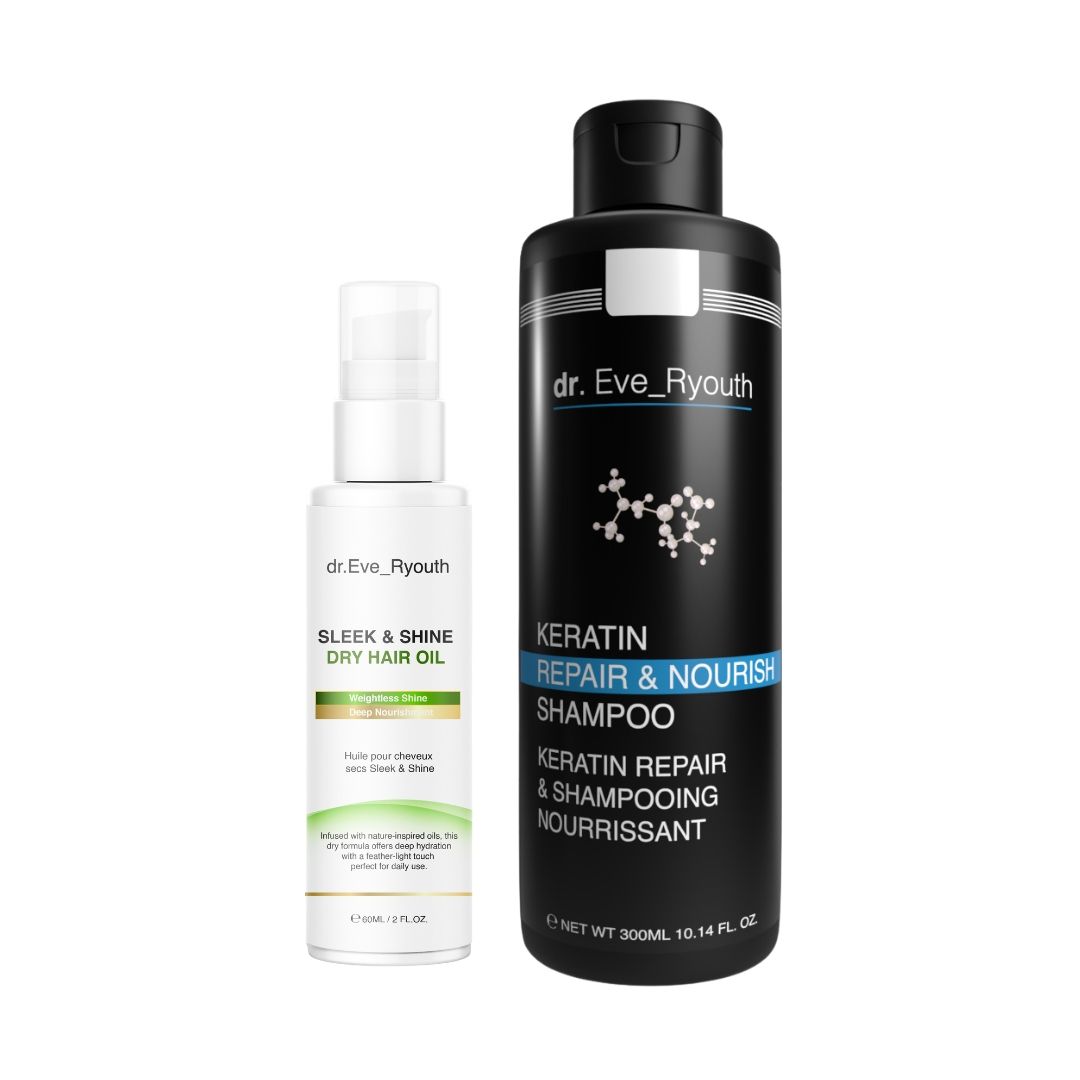 Zwei Haarpflegeprodukte. Links: Ölflasche mit Aufschrift 'SLEEK & SHINE DRY HAIR OIL'. Rechts: Schwarze Shampoo-Flasche mit 'KERATIN REPAIR & NOURISH SHAMPOO'.