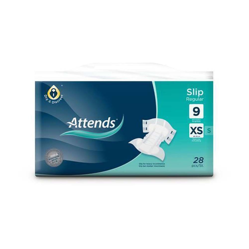 Verpackung Attends Slip Regular 9 XS. Blaue Verpackung mit Produktabbildung. Aufdruck: 9, XS, 28 Stück.