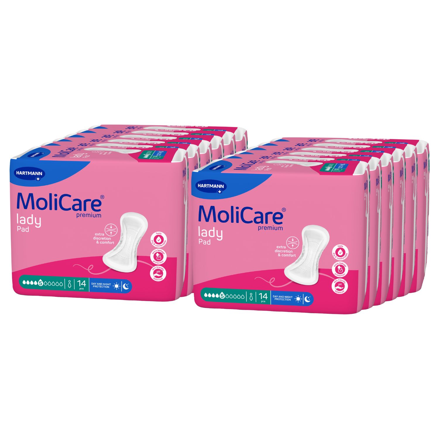 Zwei Packungen MoliCare lady Pad, rosa Verpackung. Aufdruck: Hartmann, Premium, 5 Tropfen. Sichtbare Produktabbildung.