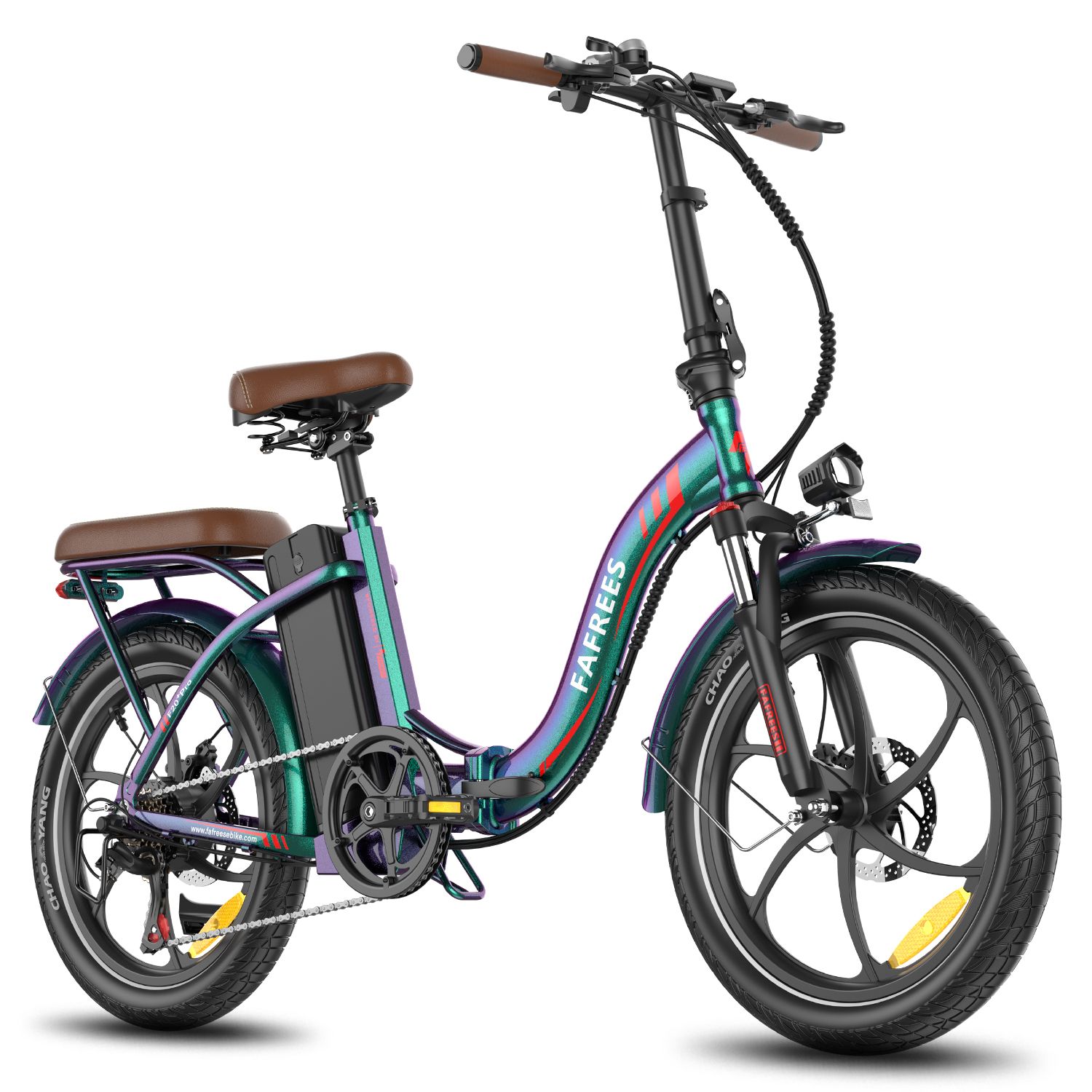 Faltbares E-Bike, blau-grün, brauner Sattel und Gepäckträger. Schwarze Reifen, Felgen und Akku. Marke FAFREES.