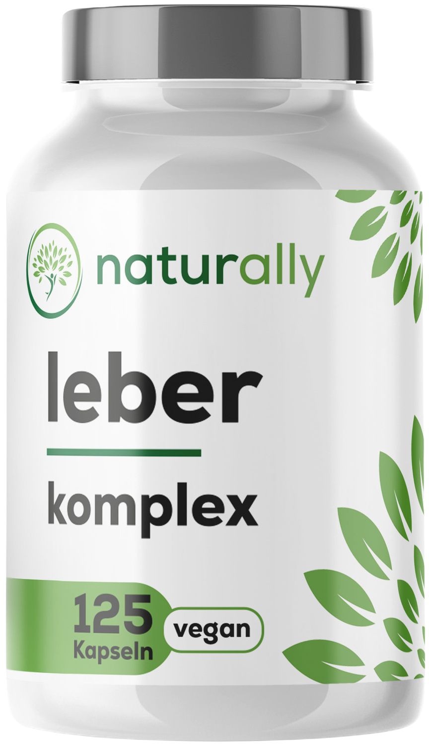 Weiße Flasche mit grünem Etikett. Aufschrift: naturally leber komplex. 125 Kapseln, vegan.