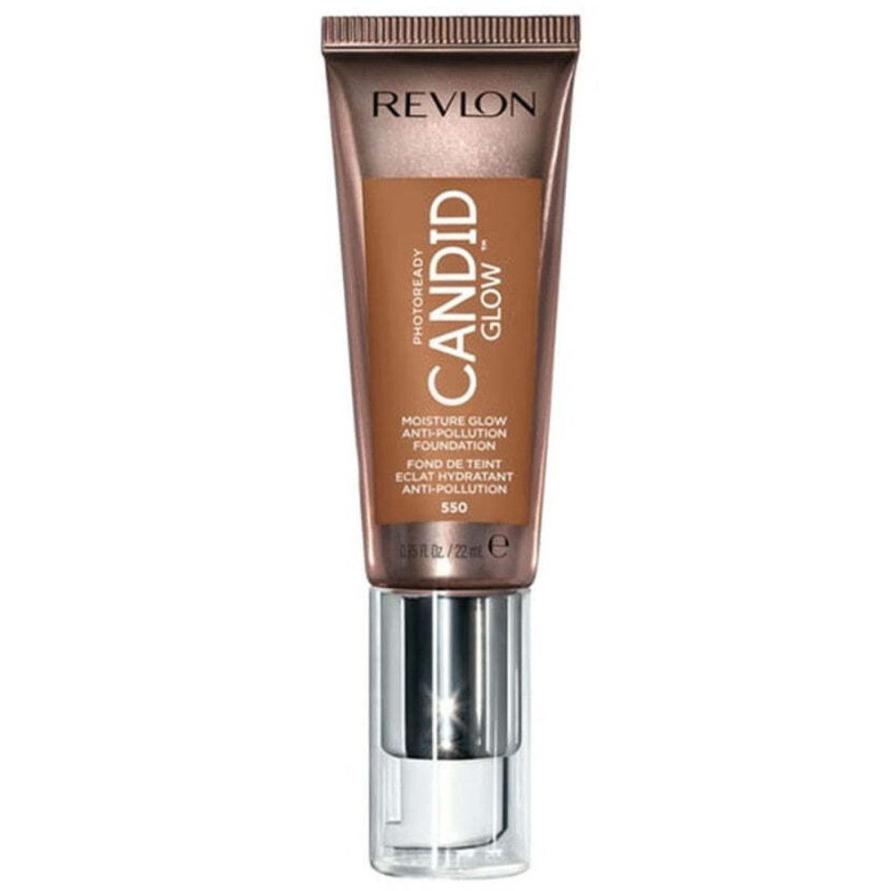 Revlon PhotoReady Candid Glow Foundation. Tube mit Produktnamen und Details. Vorderansicht, weißer Hintergrund.