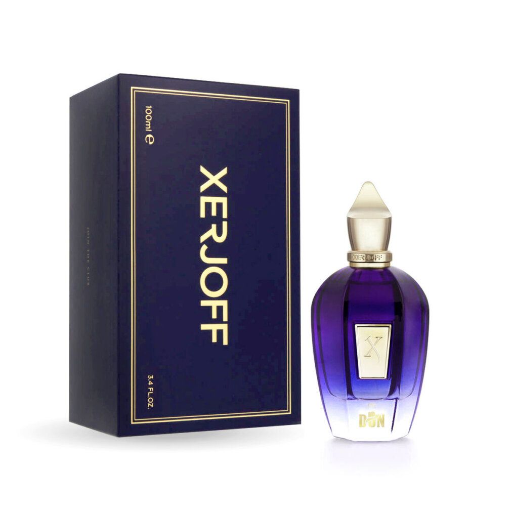 Parfumflasche mit blauer Farbverlauf und goldener Kappe neben einer blauen Schachtel mit goldener Schrift.
