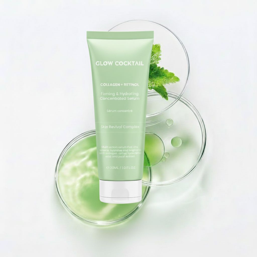 Glow Cocktail Serum in hellgrüner Tube, umgeben von Petrischalen mit grüner Flüssigkeit und Blättern.