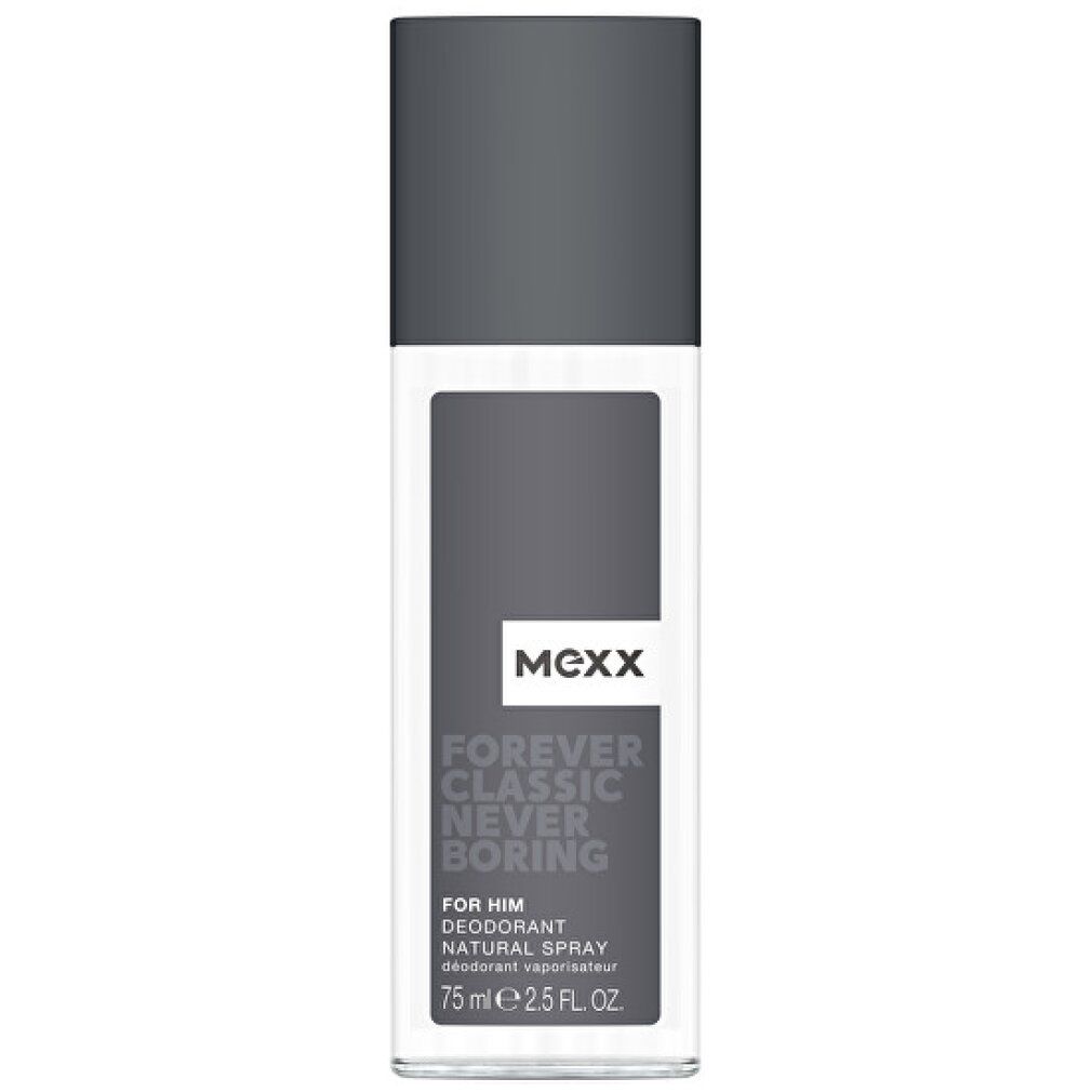Deodorant-Spray für Männer. Grauer Deckel, rechteckige Form. Aufschrift: MEXX, Forever Classic Never Boring. 75 ml.