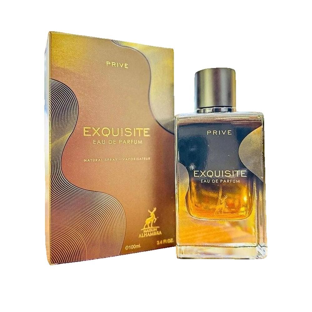 Parfümflakon und -verpackung. Goldfarbene Verpackung, goldfarbener Flakon. Aufschrift: Exquisite Eau de Parfum. Mit goldfarbenen Details.