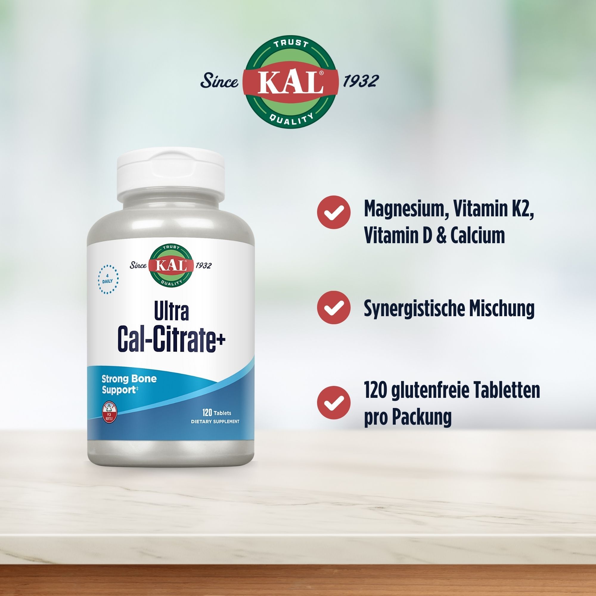 Eine Flasche Ultra Cal-Citrate+ auf einer Tischplatte. Text: Magnesium, Vitamin K2, Vitamin D & Calcium, synergistische Mischung, 120 Tabletten.