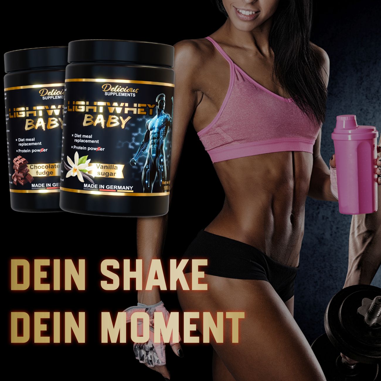 Zwei Dosen LIGHTWHEY BABY. Eine mit Schokoladen-Geschmack, eine mit Vanille-Zucker. Frau mit Shaker. Text: Dein Shake, dein Moment.
