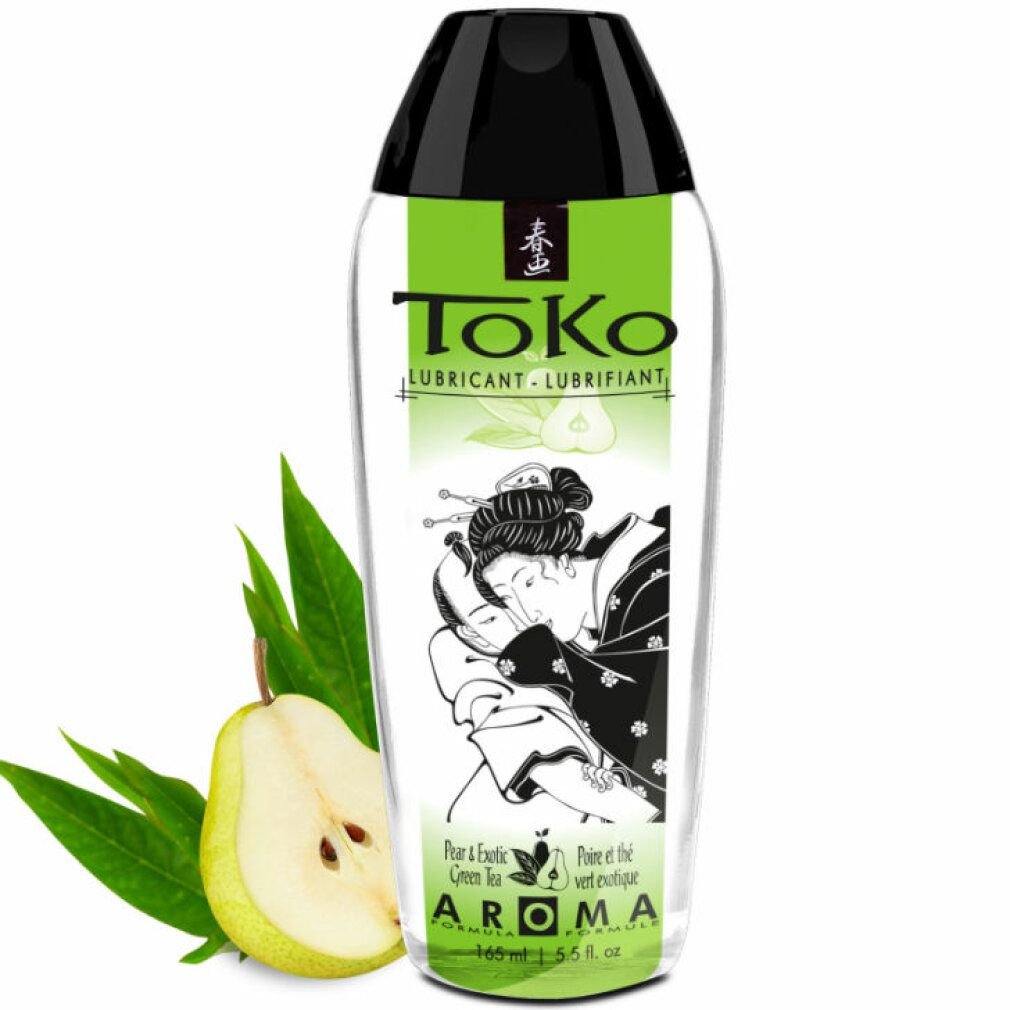 Toko Aroma Gleitmittel mit Birne & exotischem Grüntee. Transparente Flasche mit schwarzem Verschluss.