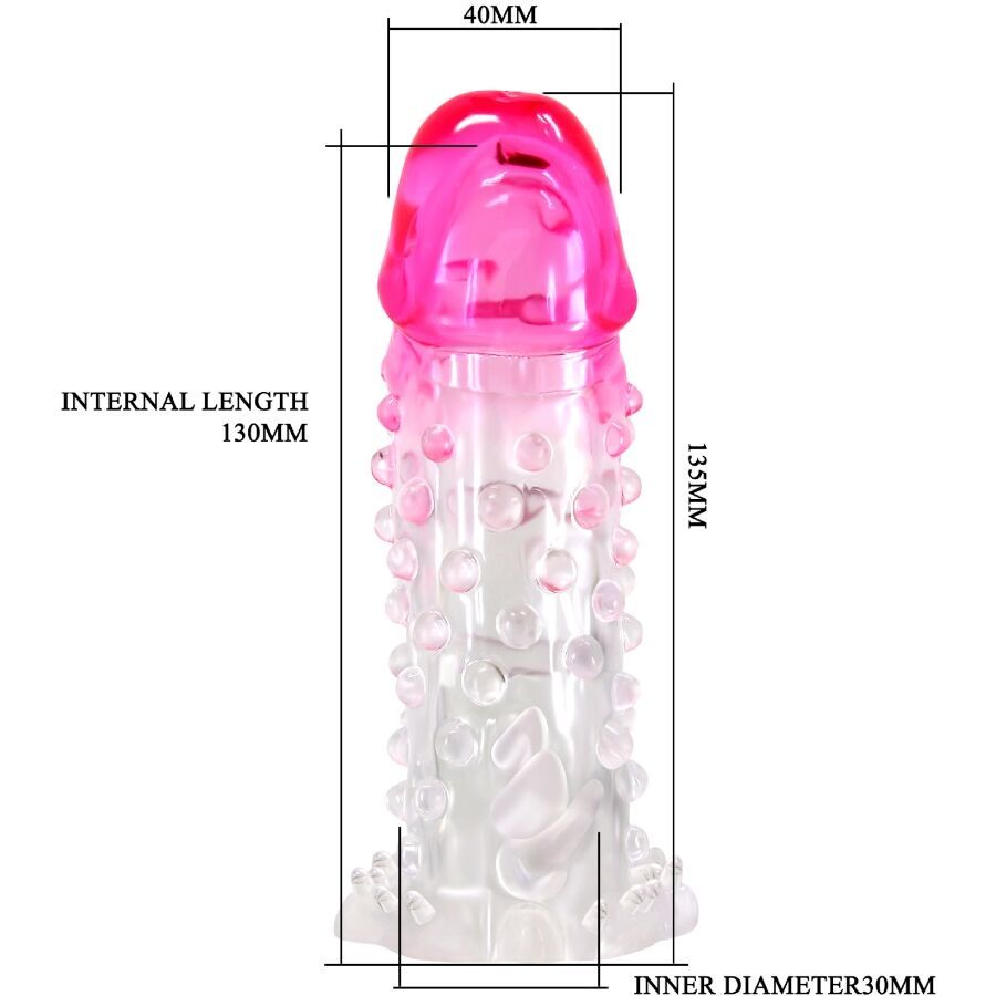 Penishülle, transparent mit rosa Spitze und Noppen. Maße: 130mm Länge, 40mm Breite, 30mm Innendurchmesser.