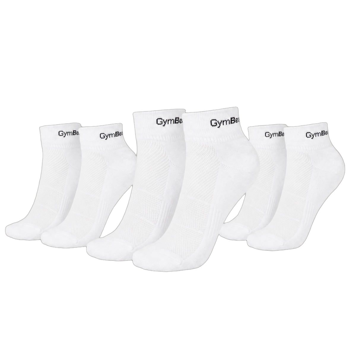 Drei Paar weiße GymBeam Quarter-Socken aus Baumwollmischung mit Logo.
